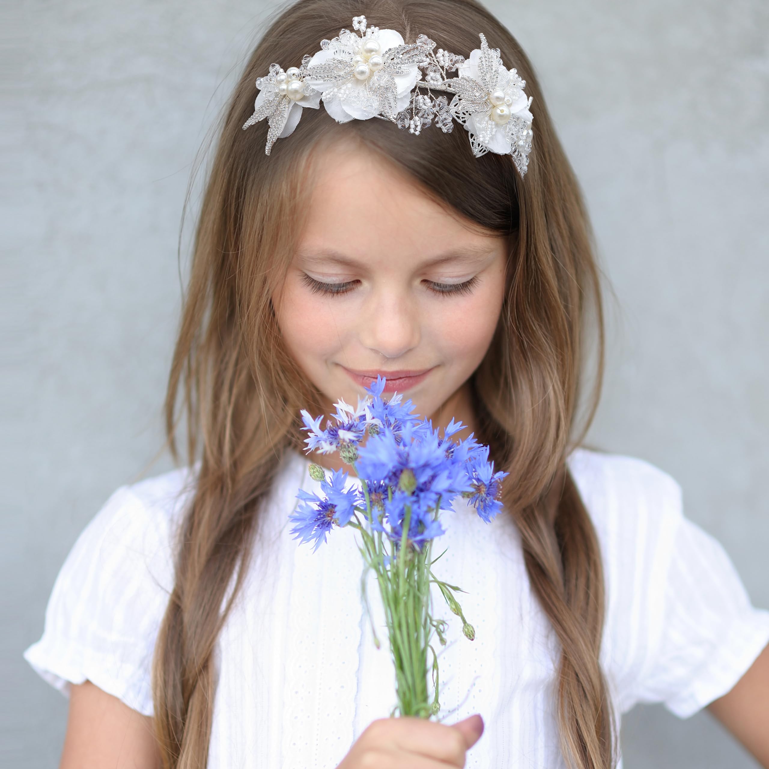 Oriamour Accessorio per capelli con fiori bianchi, per matrimonio, comunione, per ragazze, accessorio per capelli da principessa, per feste di compleanno, prima comunione, argento