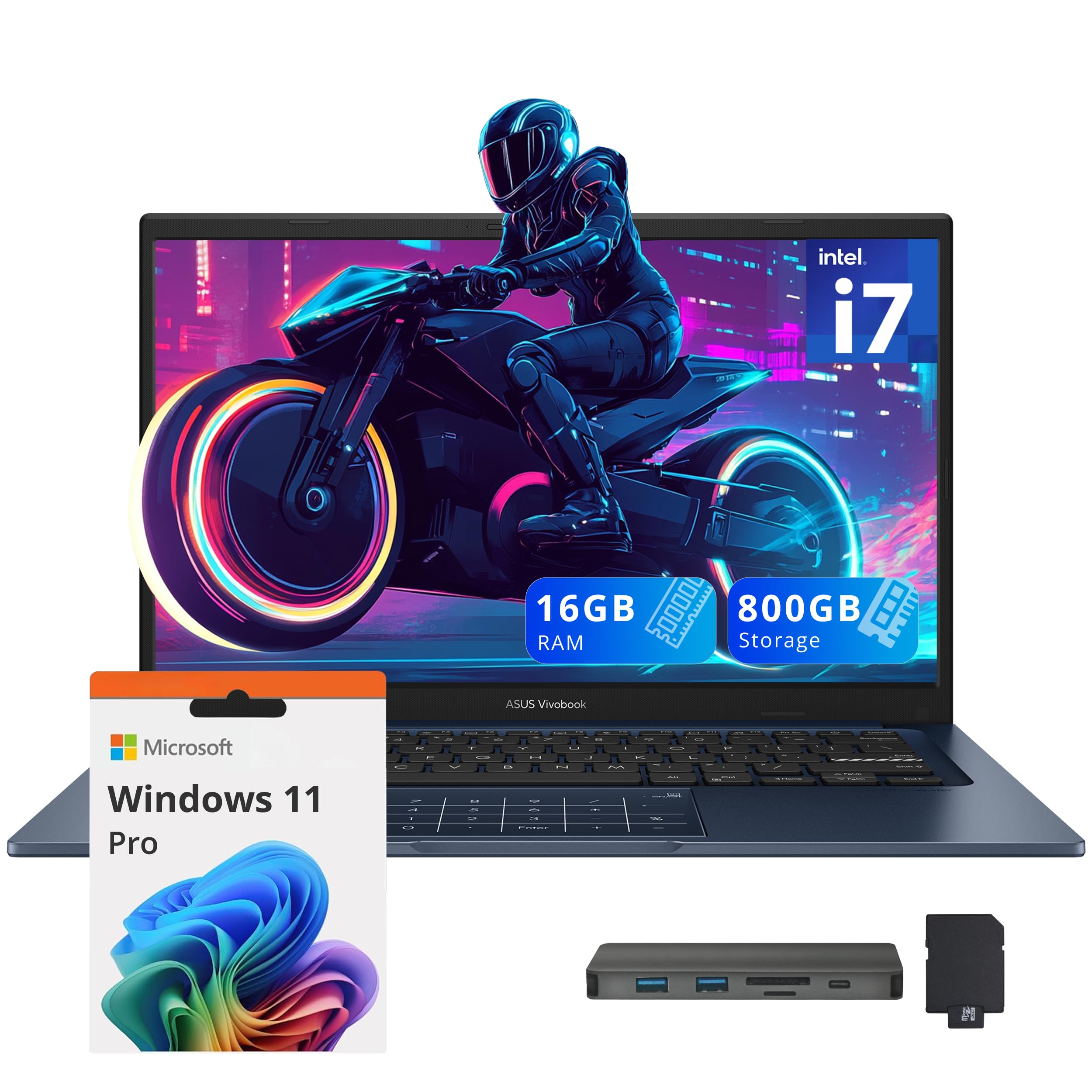 ASUS Vivobook 14" FHD Business Laptop, Intel i7-1355U, 16GB RAM, 800GB Storage(512GB SSD+288GB Docking Station Set), Intel UHD Graphics, Number Pad, Wi-Fi 5, Win 11 Pro, Quiet Blue