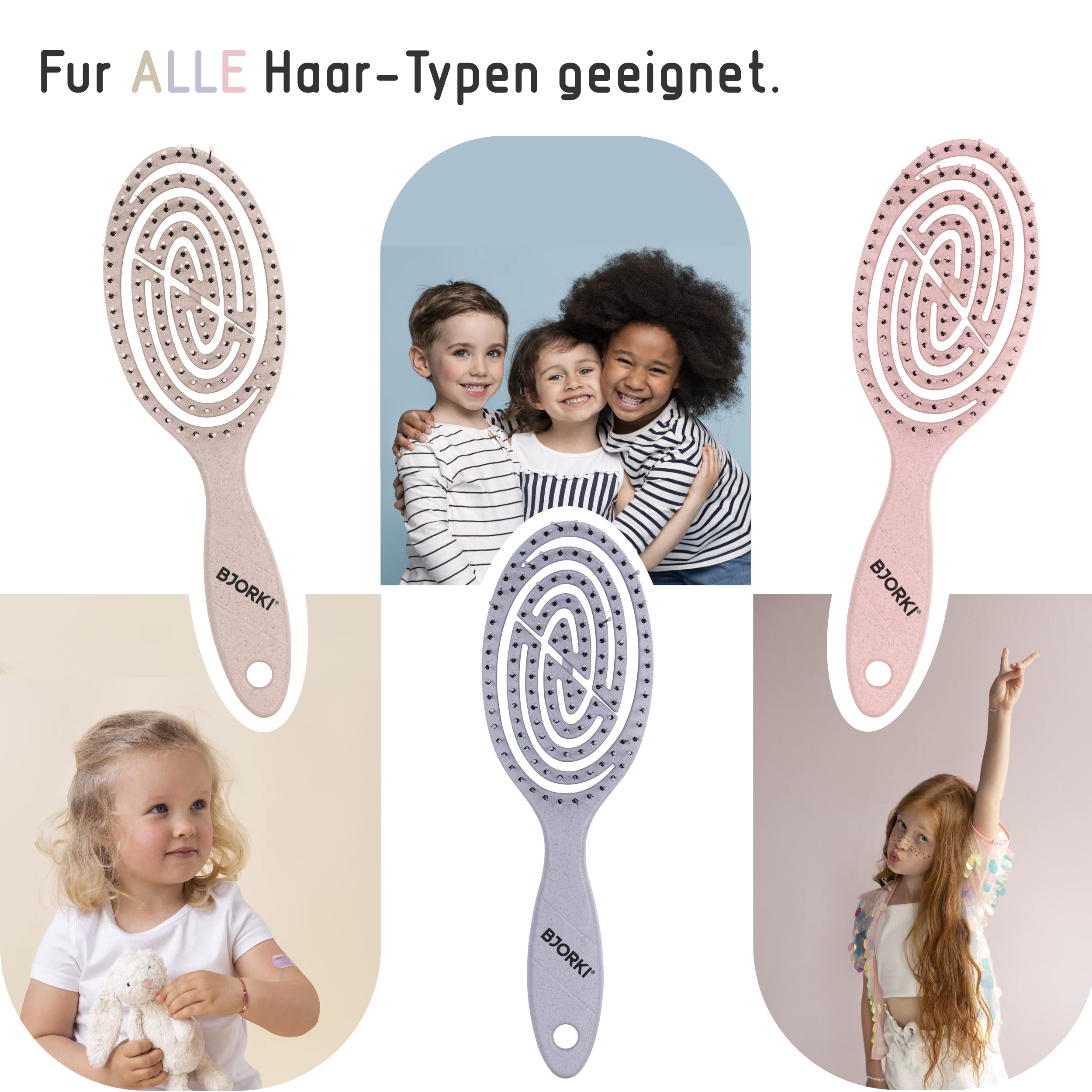 BJORKI® Szczotka do włosów dla dzieci bez ciągnięcia, w zestawie ze szczotkami edukacyjnymi - profesjonalna szczotka do detanglera z elastyczną sprężyną spiralną