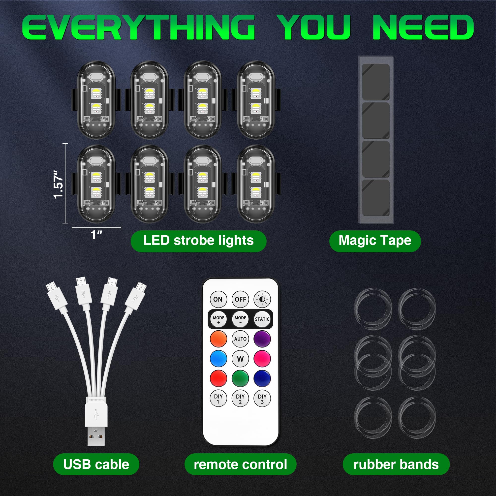 RGB LED Strobe Light Kit – Wireless, Remote Control, 4 Bulbs, Multicolor, Universal For Car, Bike, Motorcycle