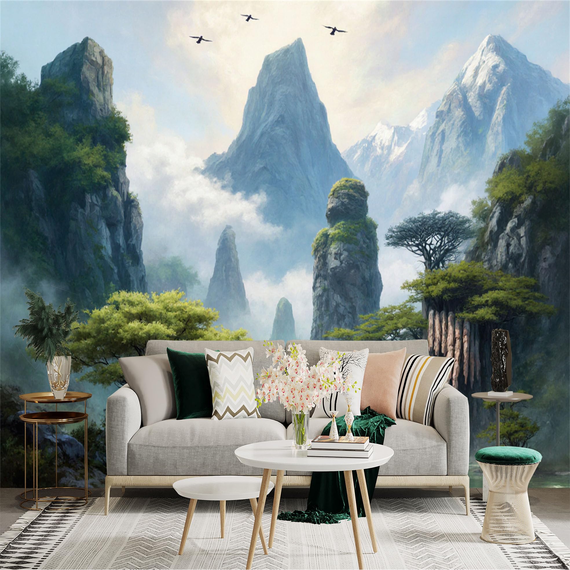 Lnzczhyre Xc260505429 Custom Size Wall Sticker Mural， Misty Mountain Peaks With Tranquil River， Serene Forest Scenery， Nature Landscape， For Wall Decoration， Peelandstick Wall Decals.