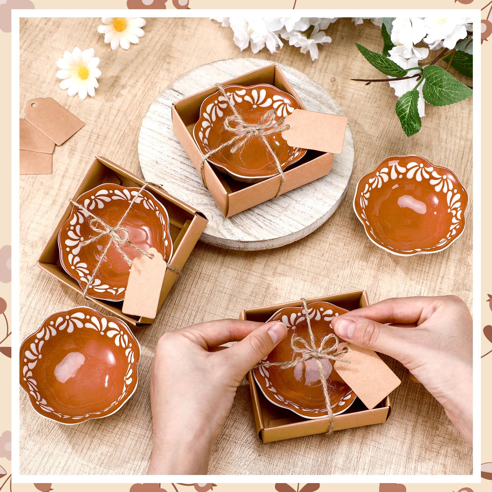 SiliFine 12 Pcs Ceramic Pinch Bowl 3.3 Inch Cielito Lindo Party Favors for Guests Small Mexicanos Ceramic Dipping Bowls Bulk Gifts with Cards for Party Shower Favor (Floar,Brown)