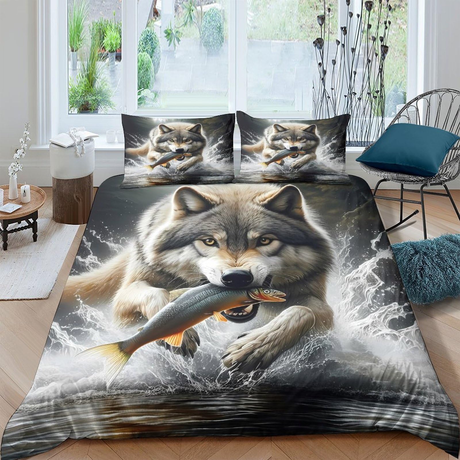 Ctjqhvkz Style-9 3D Printed Wolf Catching Fish Fitted Sheet Microfiber Anti-Slip Easy Care Bed Cover For Bedroom Dorm Decor Single（135X200cm）