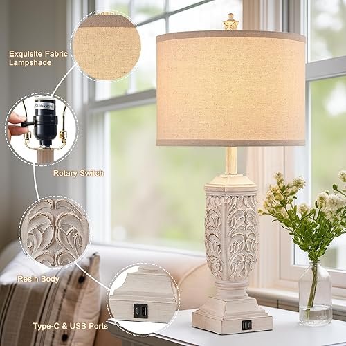 Miniatura 5 de Juego de 2 lámparas de mesa para sala de estar, lámpara de noche de granja con USB C+A para dormitorio, 28.5 pulgadas de alto, lámparas rústicas de
