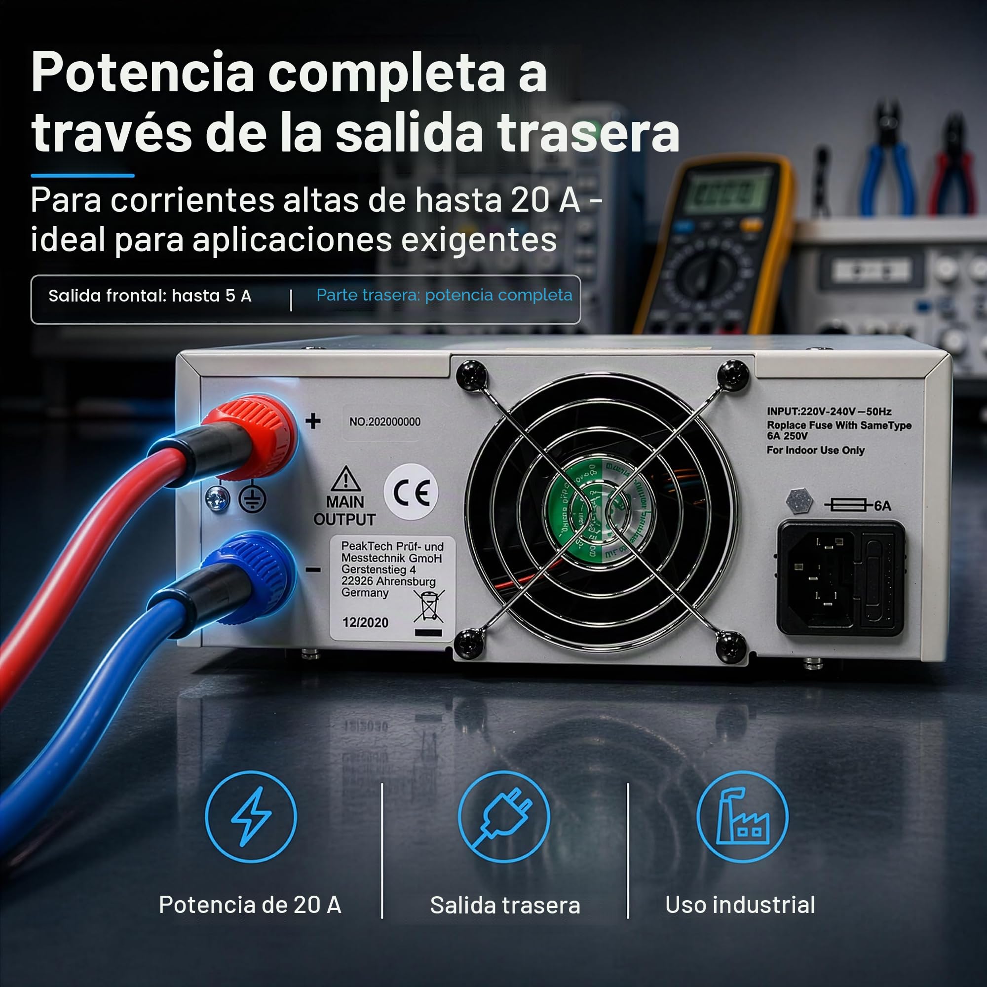 PeakTech 6155 - Fuente de Alimentación Digital C 1-30 V / 0-20A Pantalla LCD, Conmutación Confiable, Protección Contra Sobretensiones, Salida de Cc, Potencia de Salida 600 W - 214 x 87 x 336 mm