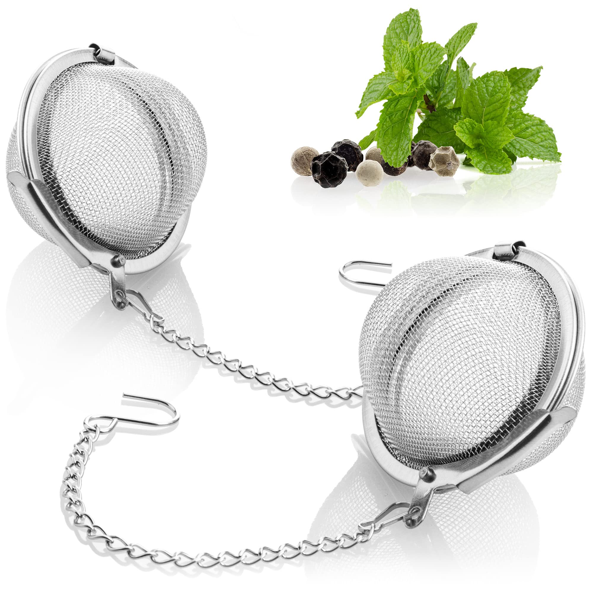 com-four® 2x Teesieb aus rostfreiem Edelstah 304 - Teeei für losen Tee, Kräuter und Gewürze - feinmaschiger Teefilter mit Kette - Gewürzsieb - Kräutersieb (2 Stück - 4.5 cm Ø)