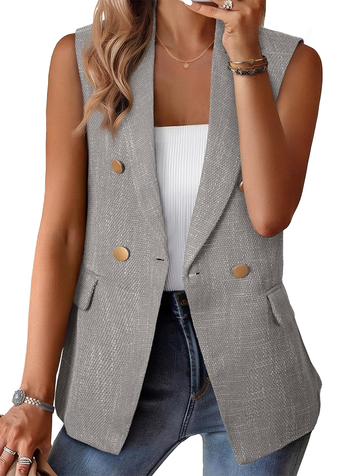 Happy Sailed Womens Vest Tops Fall Winter Sleeveless Tweed Blazer Jackets Double Breasted Work Suit with Pockets