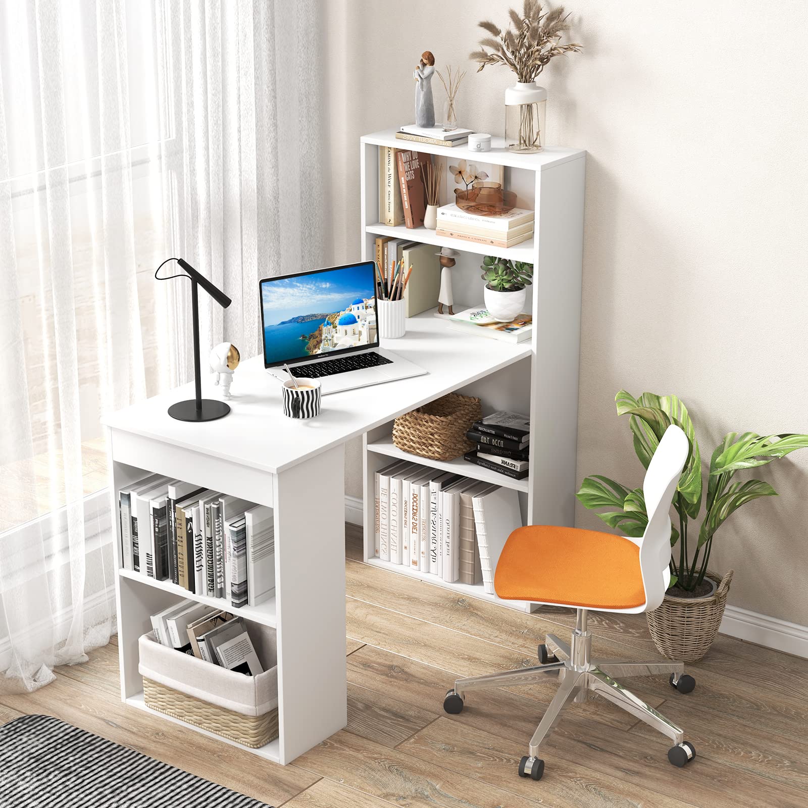 IFANNY 48 Inch Computer Desk with Bookshelf, Reversible Study Writing Desk with Storage Shelves & CPU Stand, Compact Office Desks & Workstations, White Desk for Bedroom, Kids Room, Study (White)