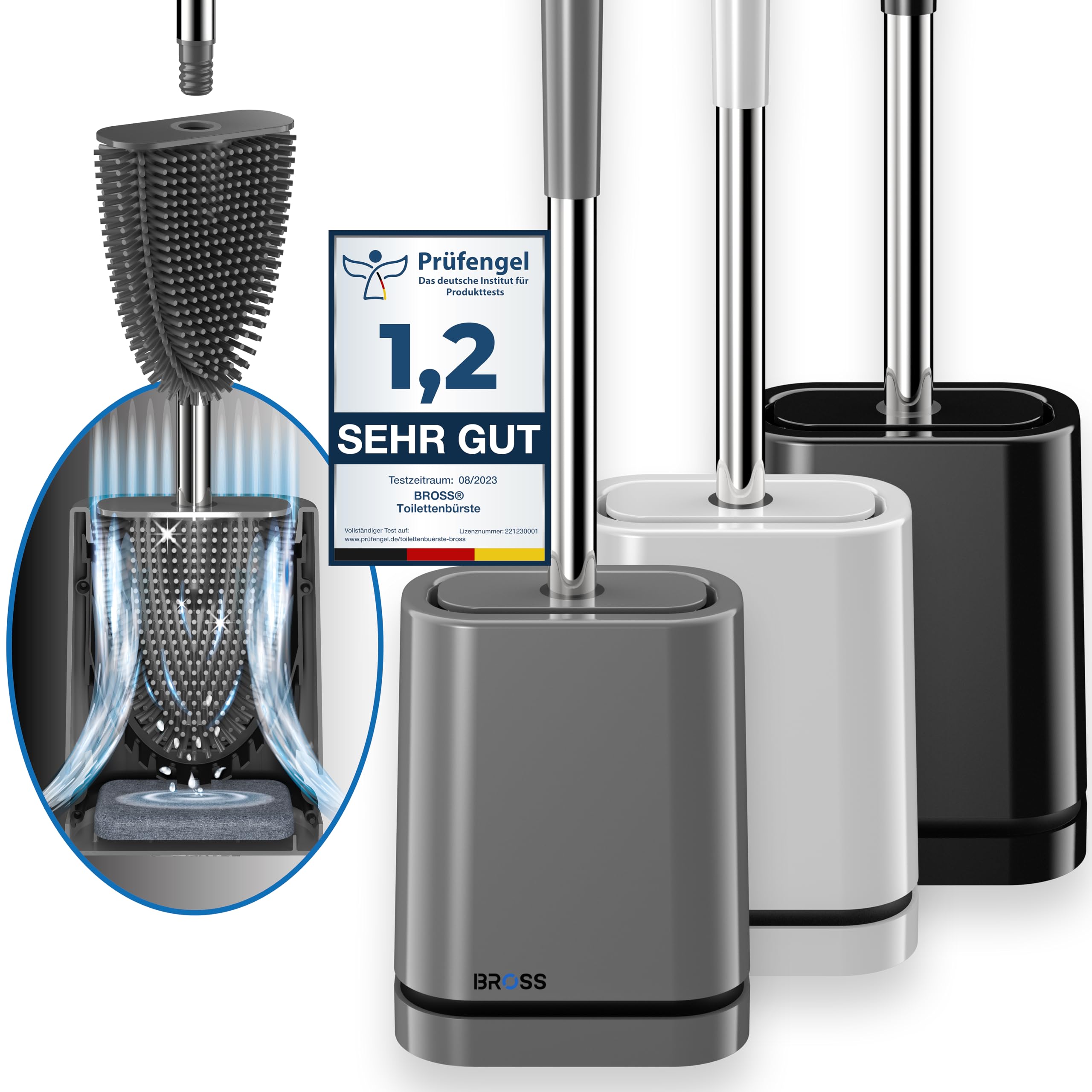 BROSS® Klobürste Silikon - Patentierte Toilettenbürste - Klobürste Grau - WC Bürste & Klobürstenhalter mit Wandmontage & TurboTrocknung - Innovativ & Antibakteriell - 1er Set