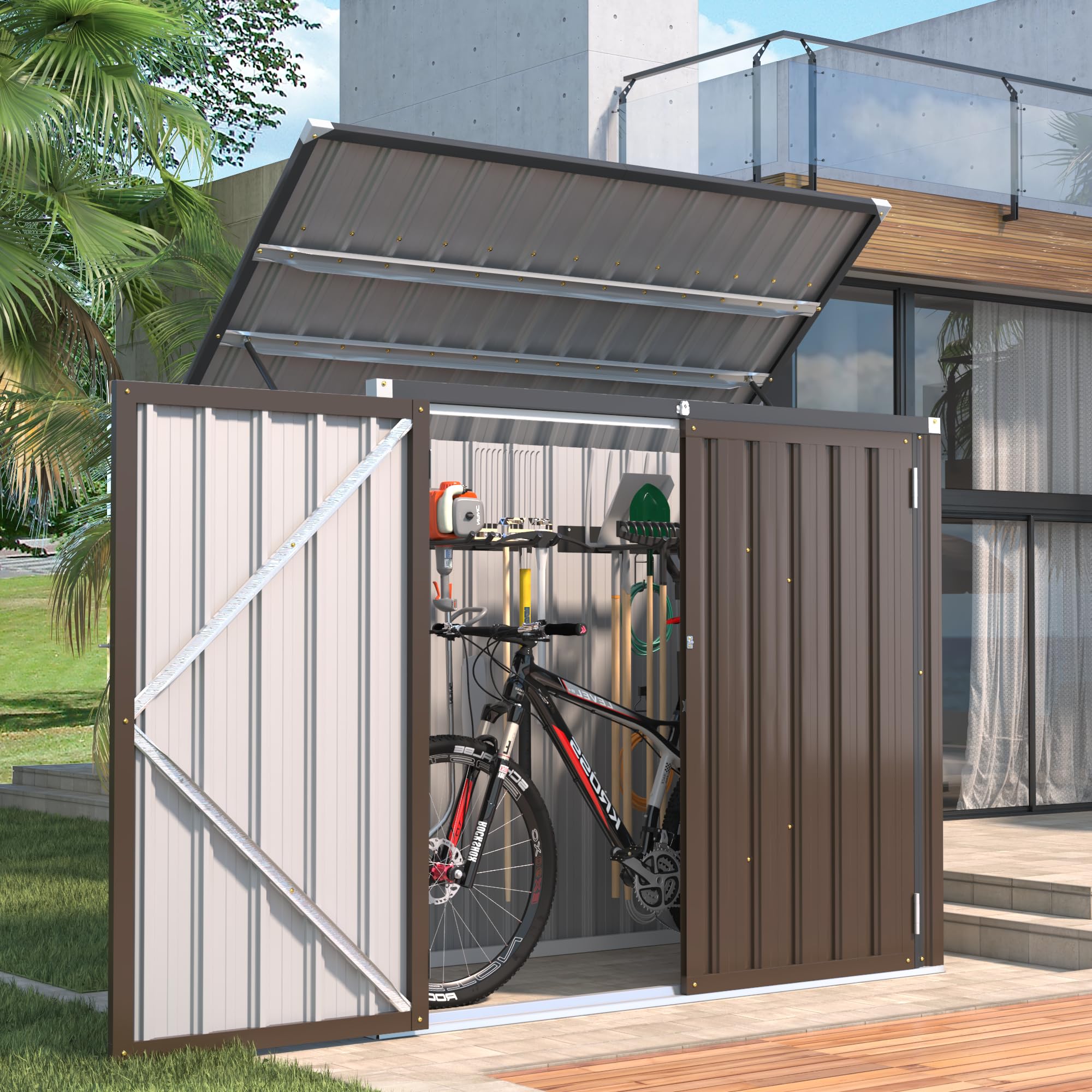 U-MAX 1.5x0.8m Garden Storage Box, Metal Outdoor Shed with Double Door, Outdoor Waterproof Shed, Brown
