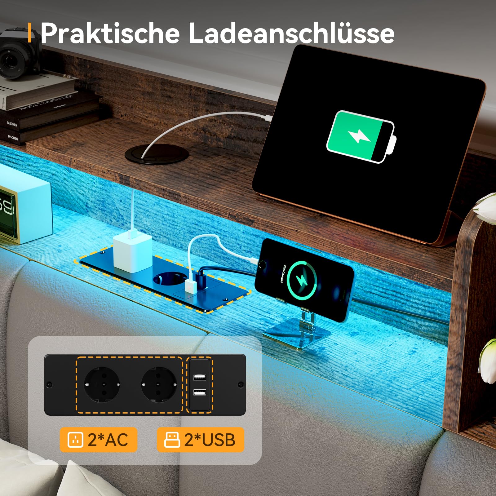 ODK Bett 140x200, Bettgestell mit 2 Schubladen, Betten 140x200 mit Stauraum, Kopfteil mit LED Beleuchtung & (Steckdose/USB), Metall Doppelbett