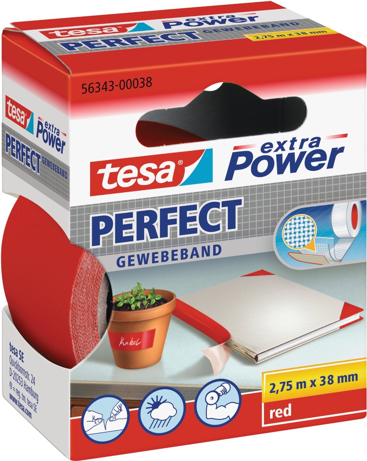 tesa Extra Power Perfect Cloth Tape - Fabric-Reinforced Repairing Tape for Crafting, Repairing, Fastening, Reinforcing and Labelling - Red - 2.75 m x 38 mm