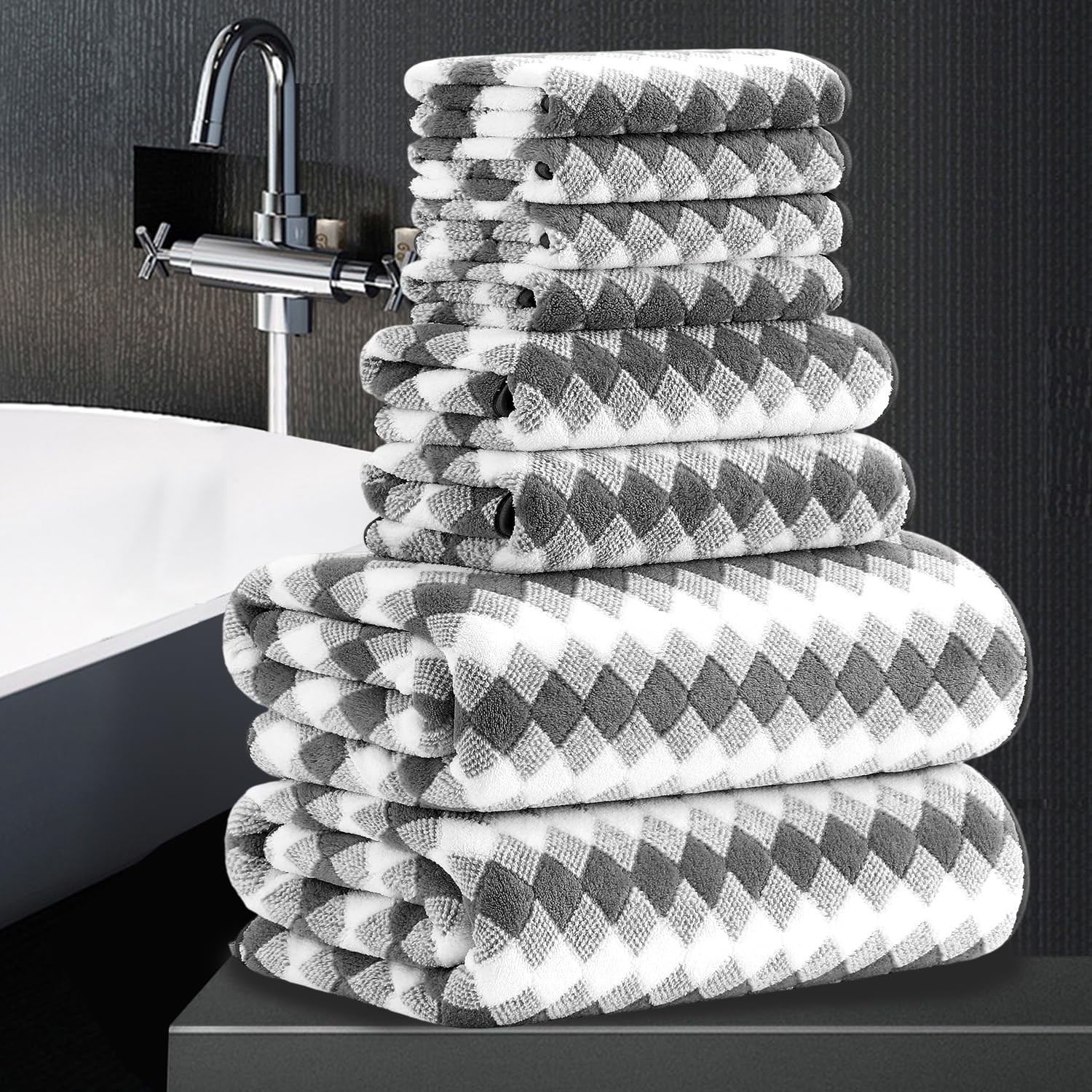 8-teiliges Badezimmer-Handtuch-Set, dunkelgrau, 2 übergroße Badetücher, 2 Handtücher, 4 Waschlappen, 600 g/m², weiches Premium-Handtuch-Set für Badezimmer, Hotel, sehr saugfähig, schnell trocknendes