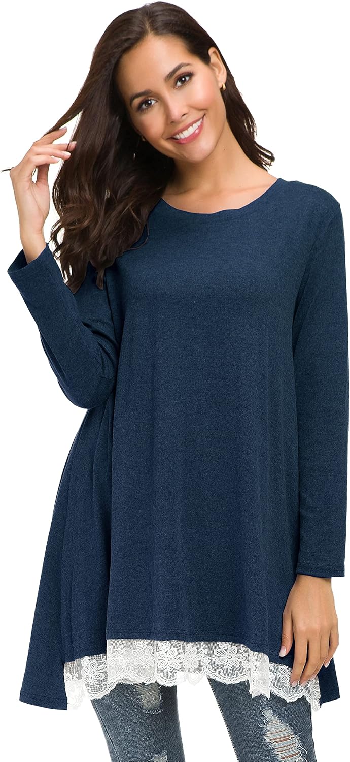 Afibi Women Lace Long Sleeve A-line Swing T-Shirt Loose Tunic Top Blouse - Image 4