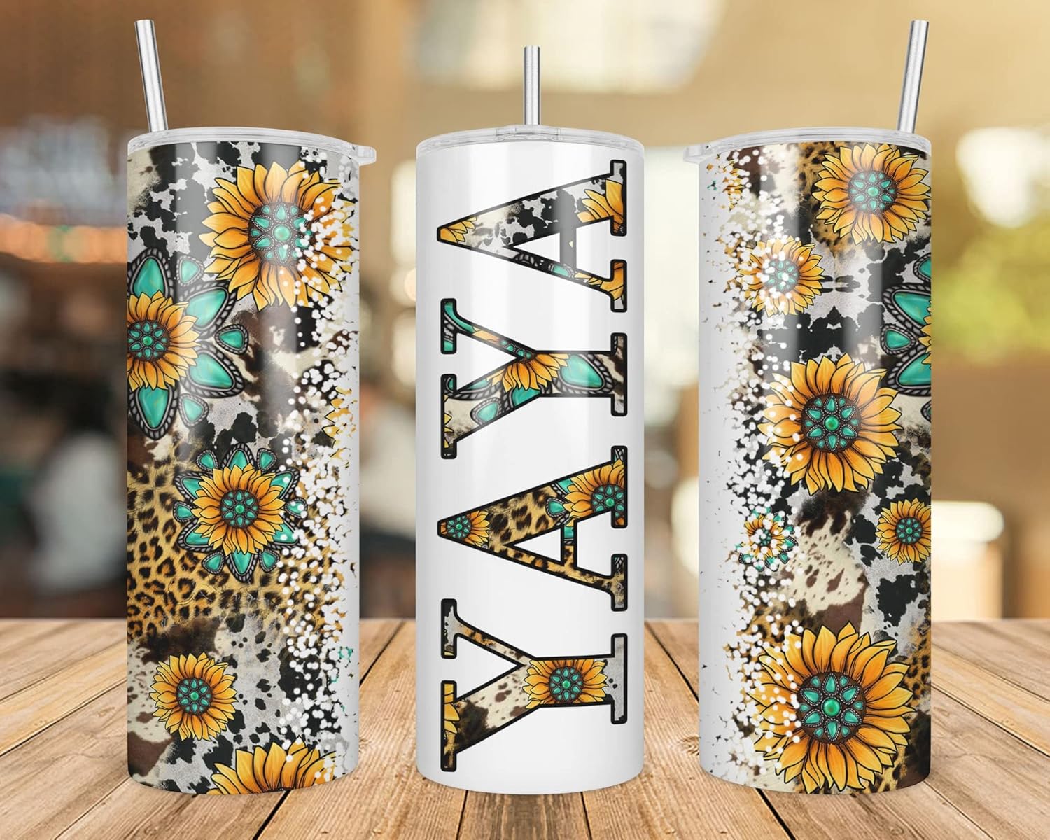 Yaya Sunflower Turquoise Gemstone And Leopard - Yaya Skinny Tumbler Cowhide Distressed Tumbler - Western Tumbler 20Oz Skinny Tumbler - Yaya Gift, White