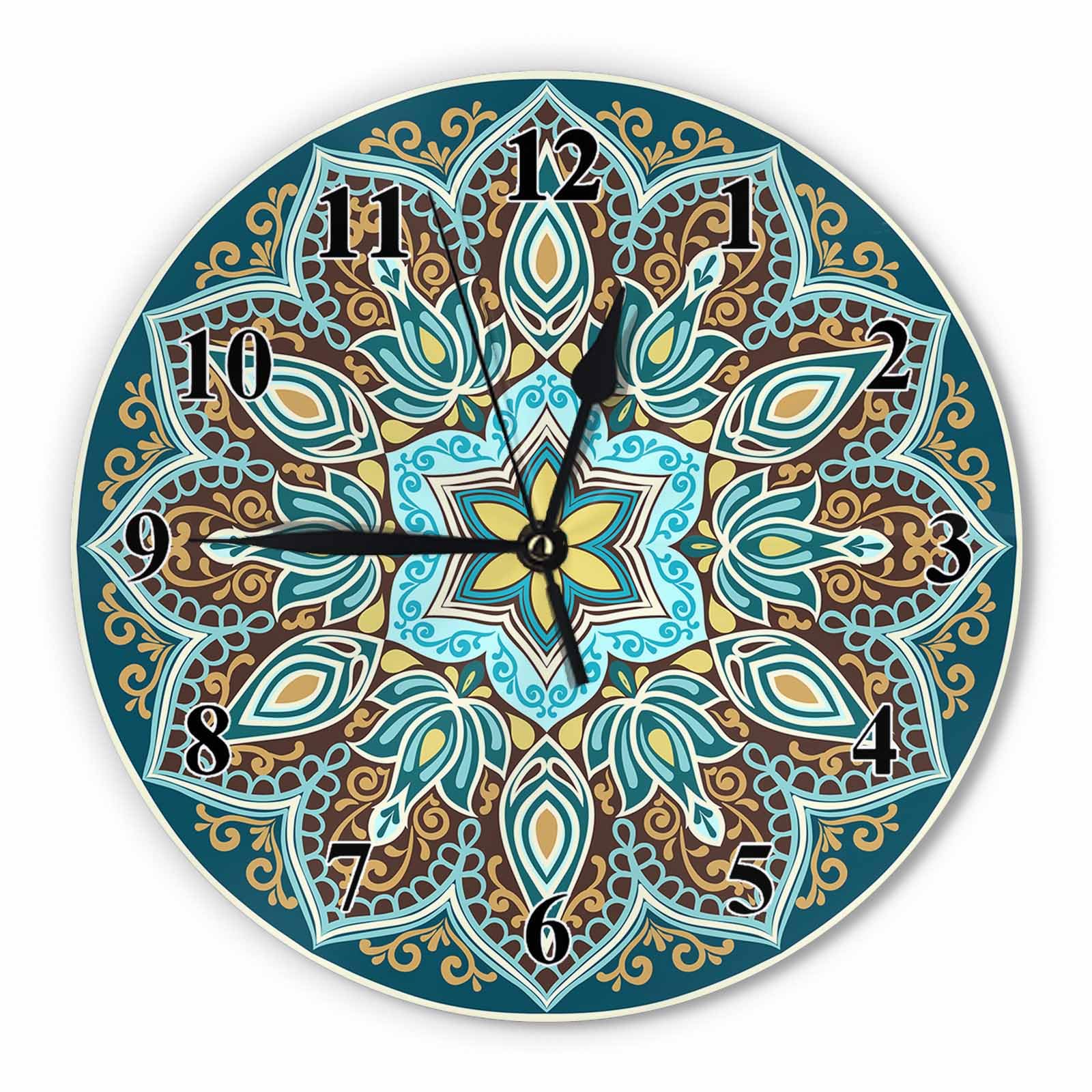 Orythyra Mandala Floral Wall Clock Round 10 Inch Battery Operated Ethnic Style in Turquoise,Yellow and Brown Colors Frameless Silent Wooden Clocks Art