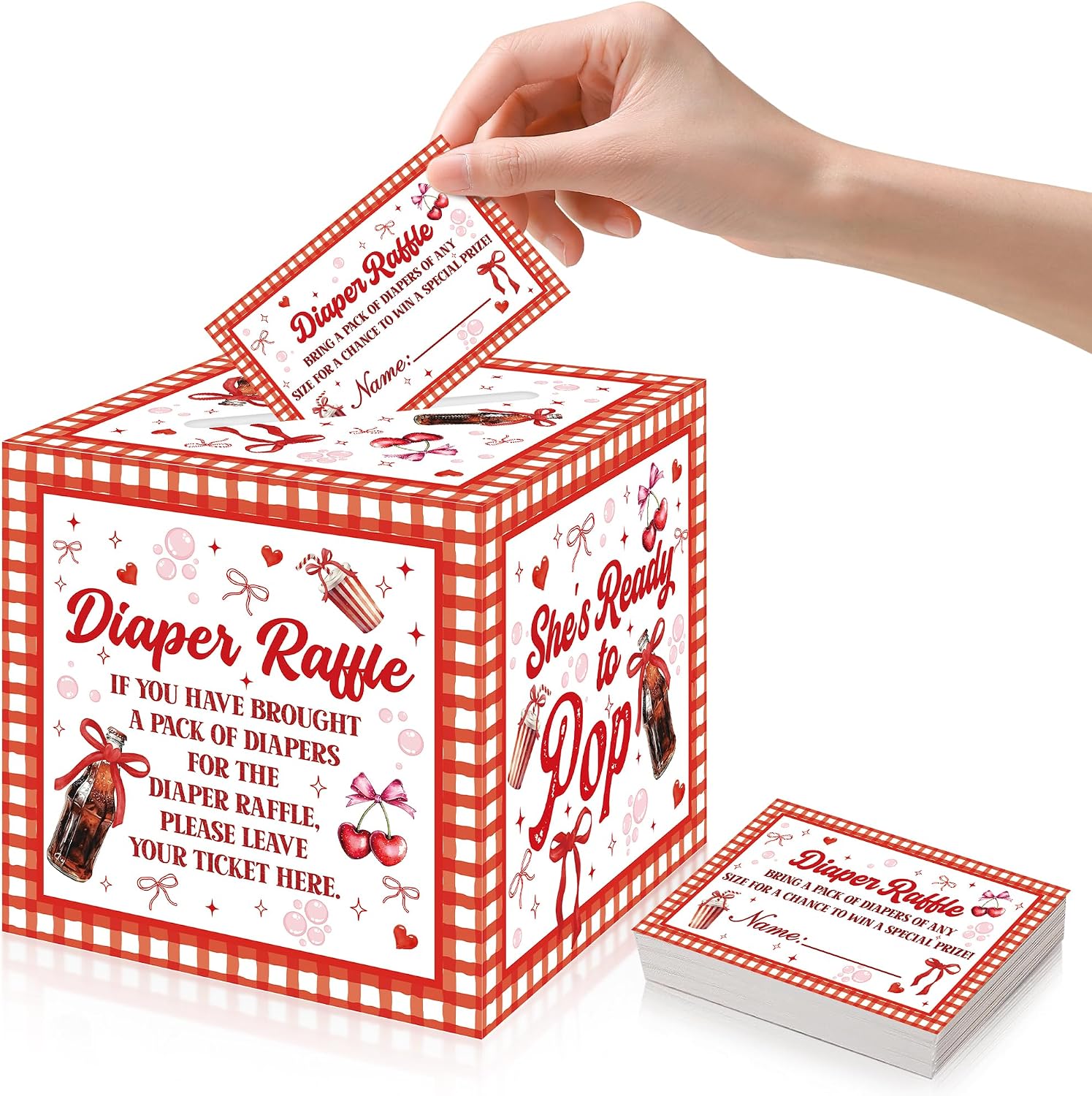 She's Ready to Pop Baby Shower Decorations, Soda Pop Drink Themed Card Box, Red White Bow Gingham Ballot Box for Girls Baby Shower Party Supplies