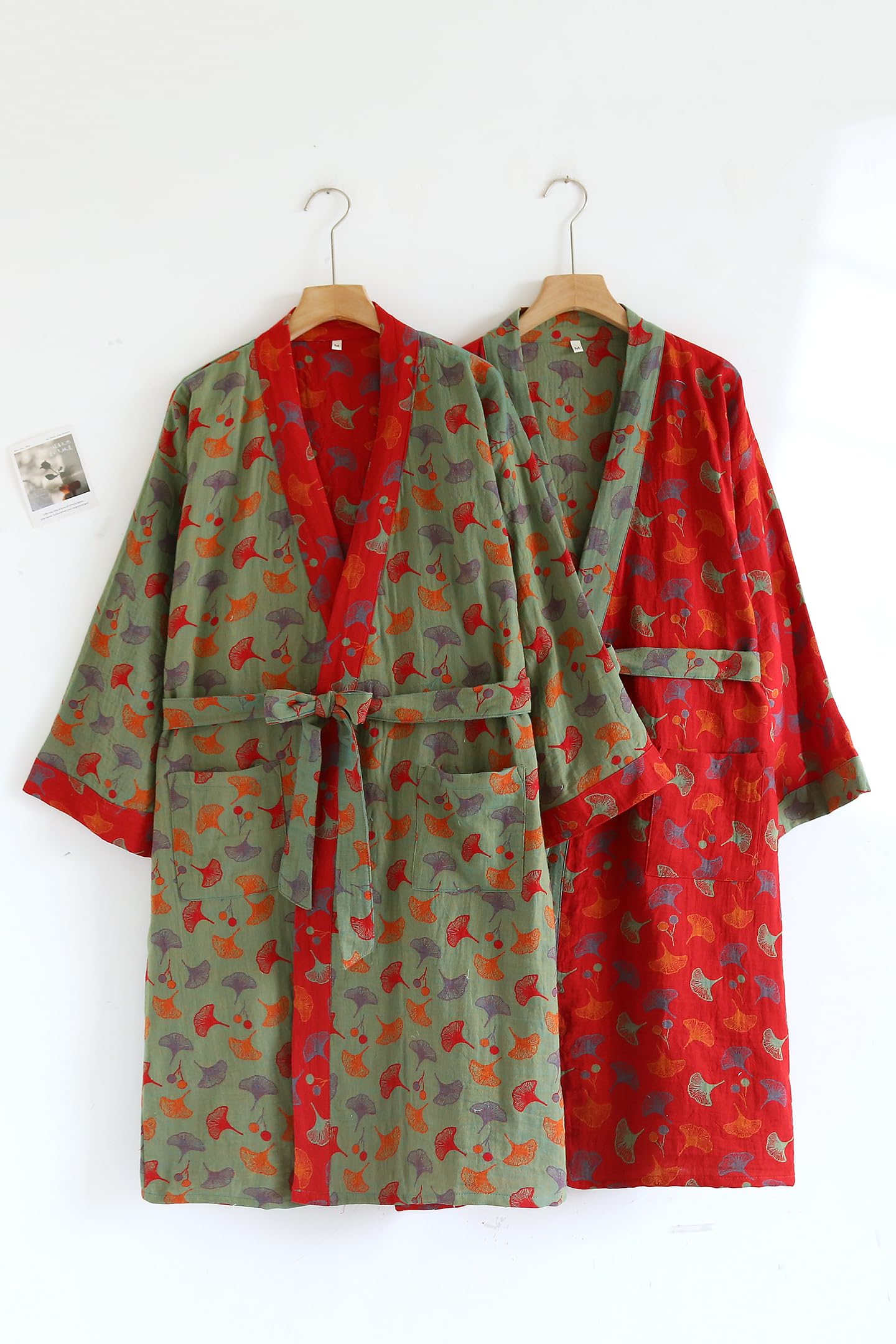 PRINCESS BRIDE Bata tipo kimono de algodón teñido de hilo jacquard elegante bata de baño tradicional suelta Yukata de longitud media para mujer 165/88A/L (verde-rojo)