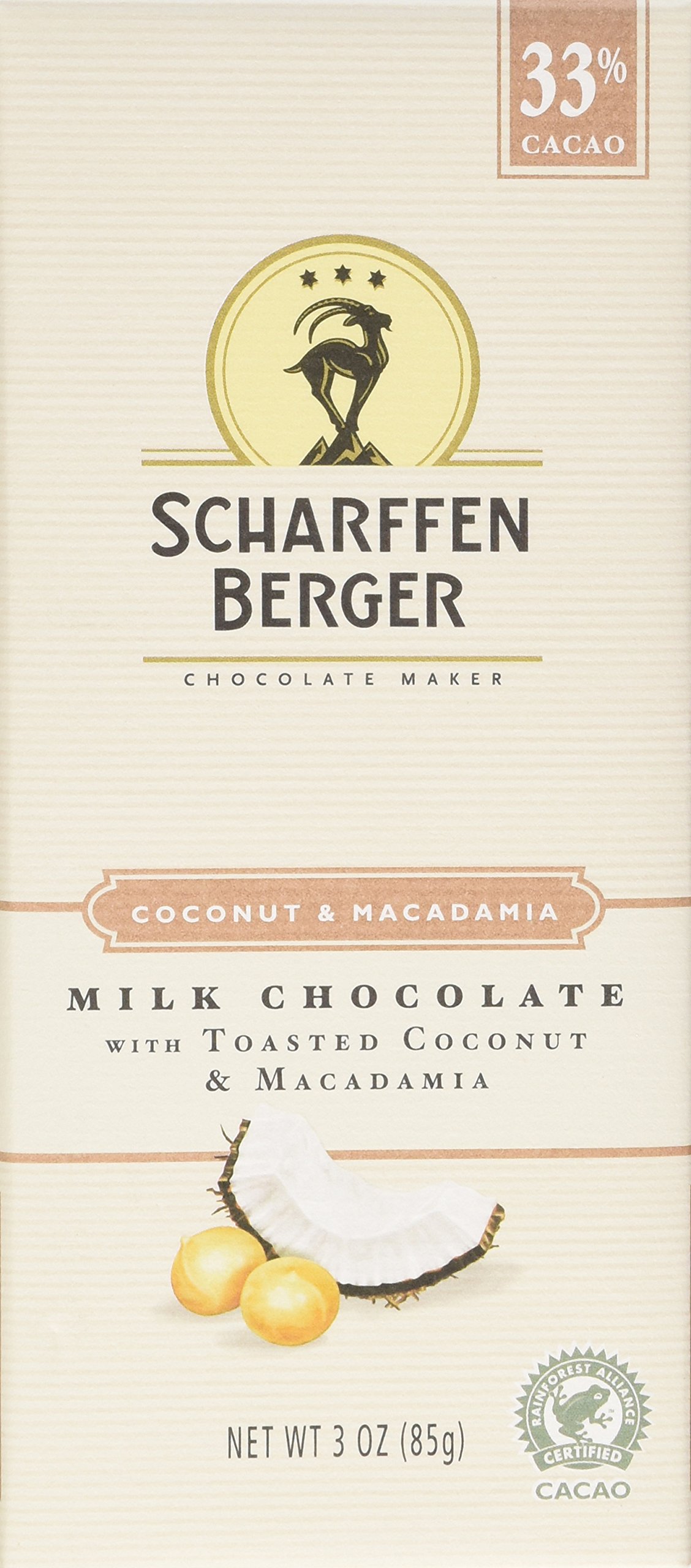 SCHARFFEN BERGER Coconut & Macadamia Chocolate Bar, 33% Cacao Gluten Free Milk Chocolate with Toasted Coconut and Macadamia, 3.0 Ounce Bar (Pack of 4)