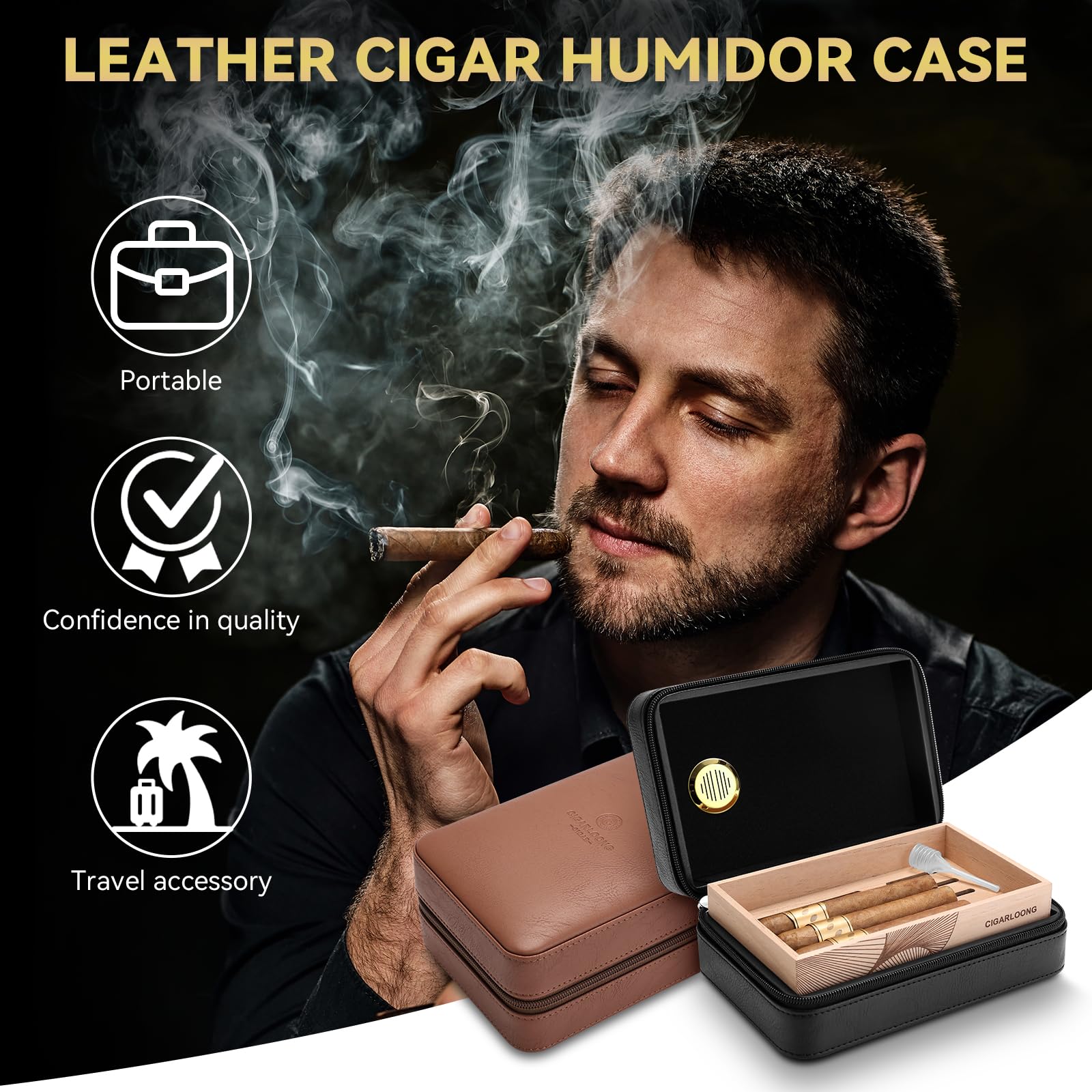 Zigarren-Humidor, Zigarrenetui aus Leder mit Zedernholzregal, tragbarer Reise-Zigarren-Humidorkoffer mit Luftbefeuchter, kann 10 Zigarren aufnehmen (Schwarz)