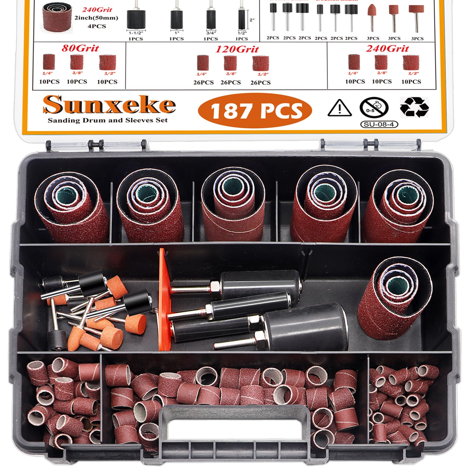 187-teiliges Schleiftrommel- und Hülsen-Set für Bohrmaschine oder Bohrmaschine, 5,1 cm Spindelschleiferhülsen (Körnung 60, 80, 120, 240) und 4 Gummi-Schleiftrommeln, Bohreraufsatz mit Box