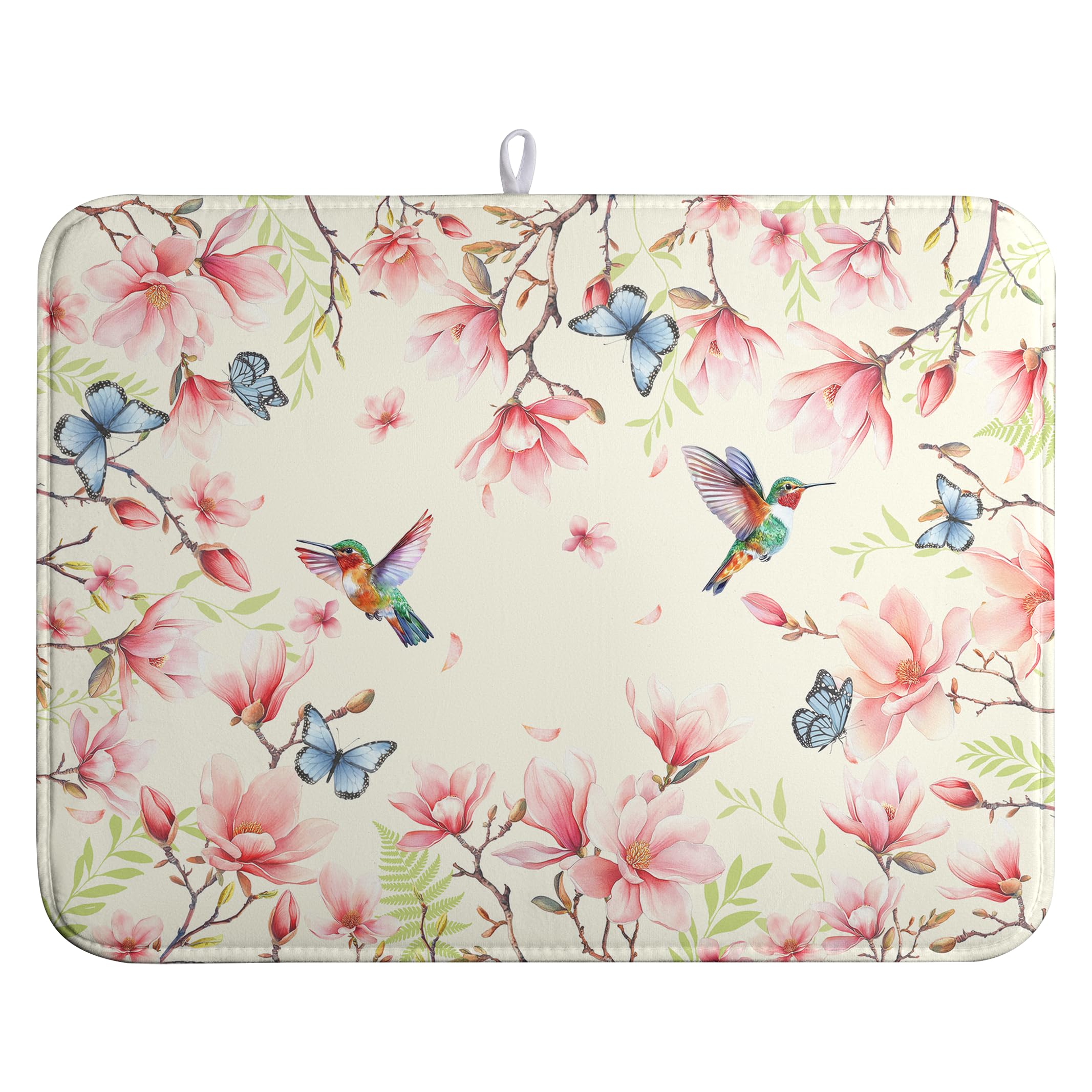 Spring Flowers Floral Dish Drying Mats Spring Summer Hummingbird Dish Mat Drying Matt Butterfly Dishes Dryer Pad for Kitchen Counter Absorbent Microfiber Washable Foldable Reusable 18x24 in