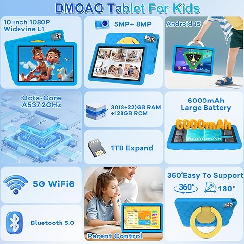 Miniatura 2 de DMOAO Tablet infantil de 10.1 pulgadas Android 15-30GB RAM+64GB ROM (1TB expandible), Octa-Core 2.0GHz, pantalla de luz anti-azul, 6000mAh, WiFi 6,