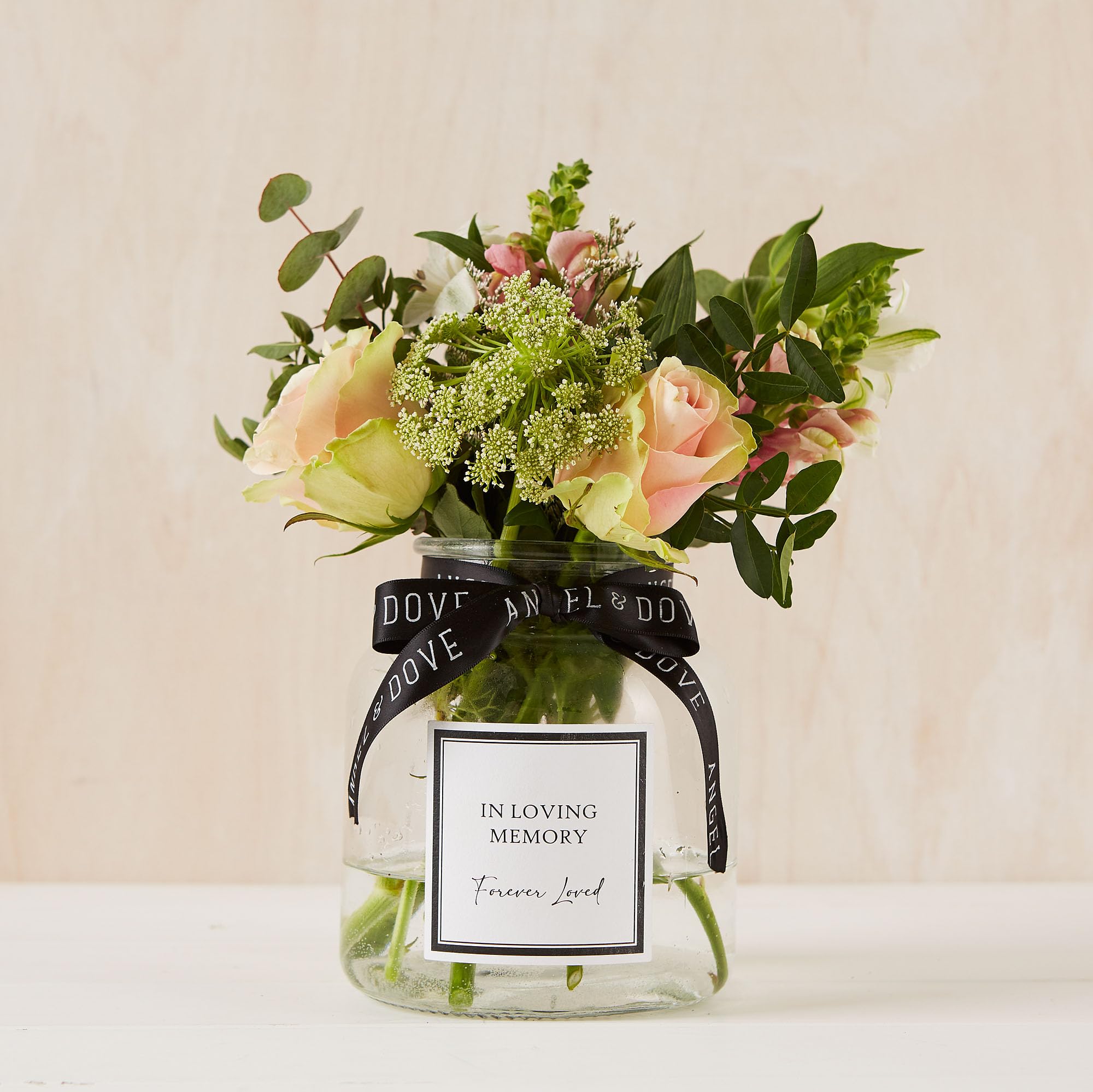 ANGEL & DOVE In Loving Memory Funeral Flowers Glass Vase with Ribbon - Memorial, Memory Table, Sympathy Gift