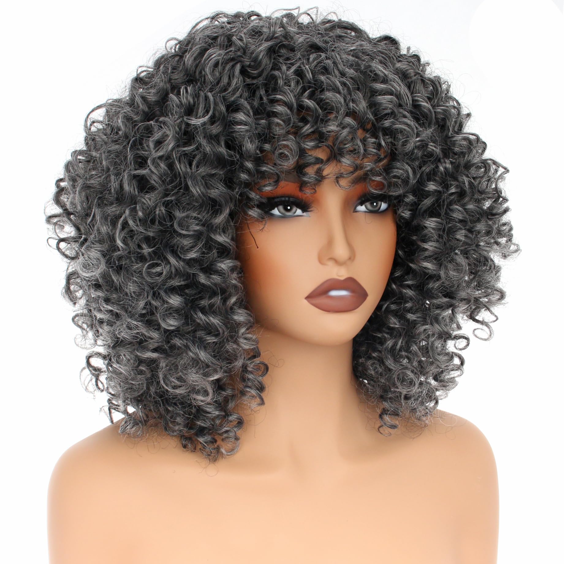 PORSMEER 14 Inch Kinky Curly Wigs for Black Women Afro Bomb Curly Wig with Bangs Synthetic Fiber Glueless Long Deep Wave Hair (Black mix white) - Image 3