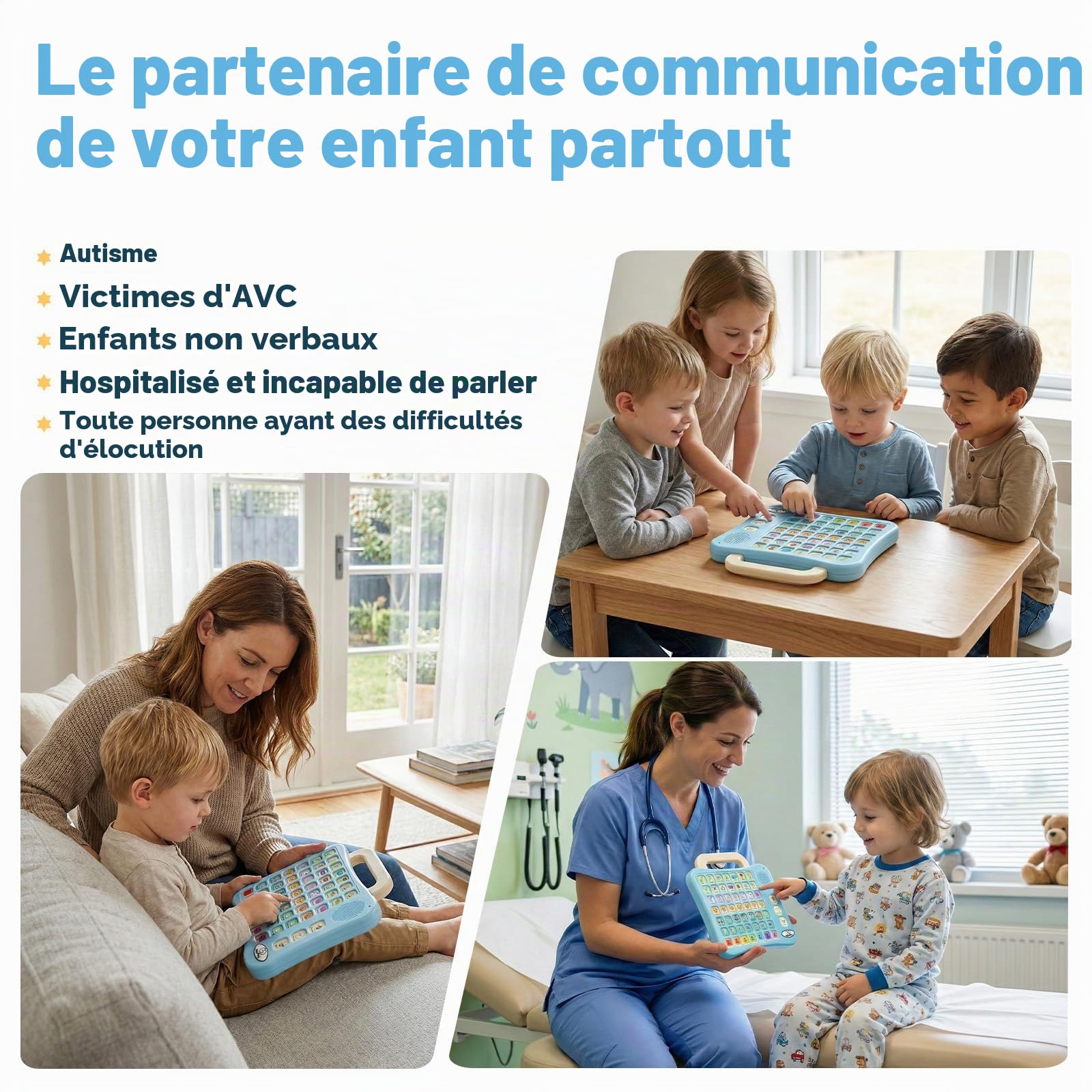 Appareil AAC pour autisme, tablette de communication avec 52 boutons à code couleur, support de poignée pliable, interrupteur vocal pour garçon/fille, 7 boutons d'enregistrement pour enfants non