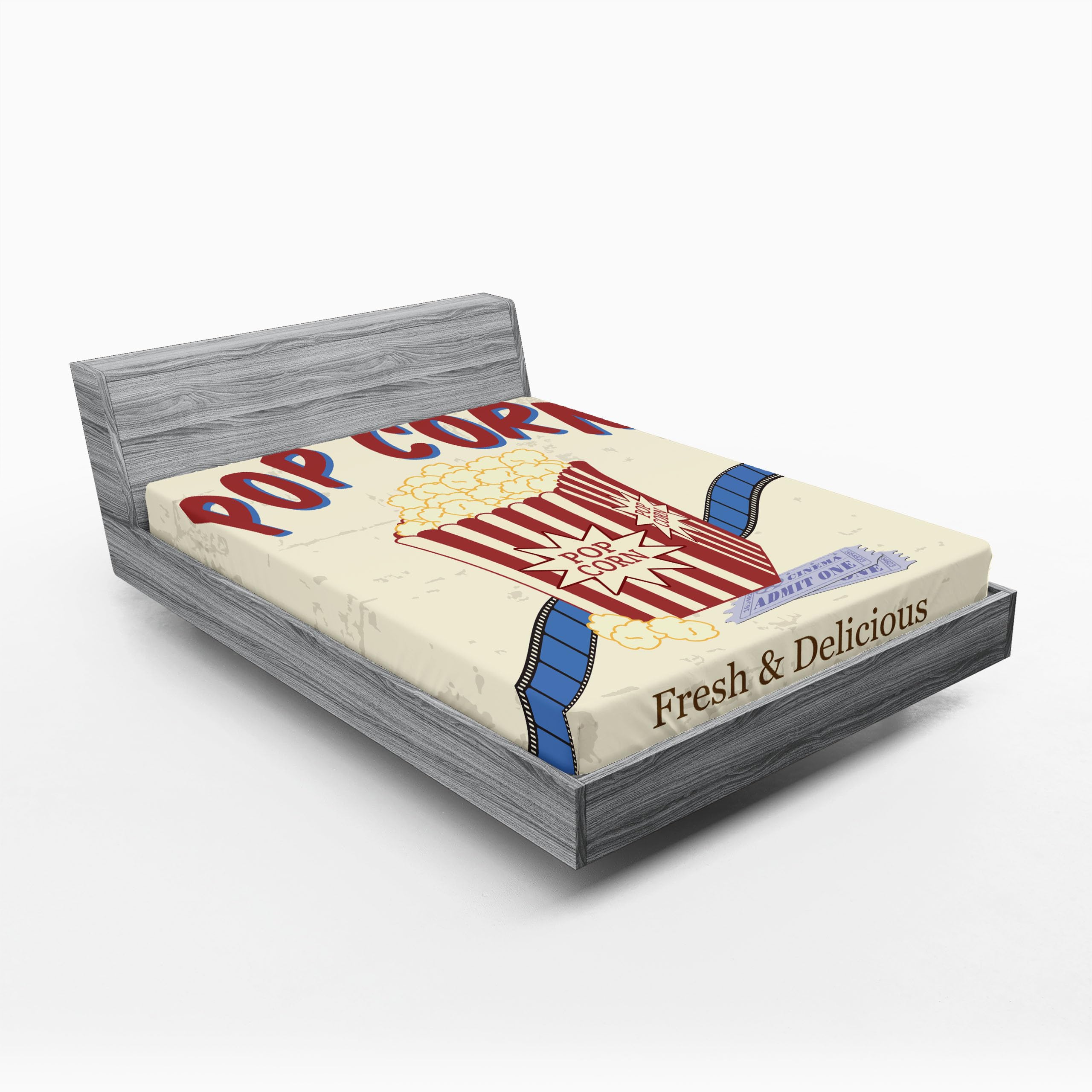 Ambesonne Movie Theater 2 Pack Fitted Sheet, Pop Corn Tickets, Bed Cover All-Round Elastic Deep Pockets 2 Pieces, Package Contains 2 Full Size Fitted Sheets, Ruby Cream