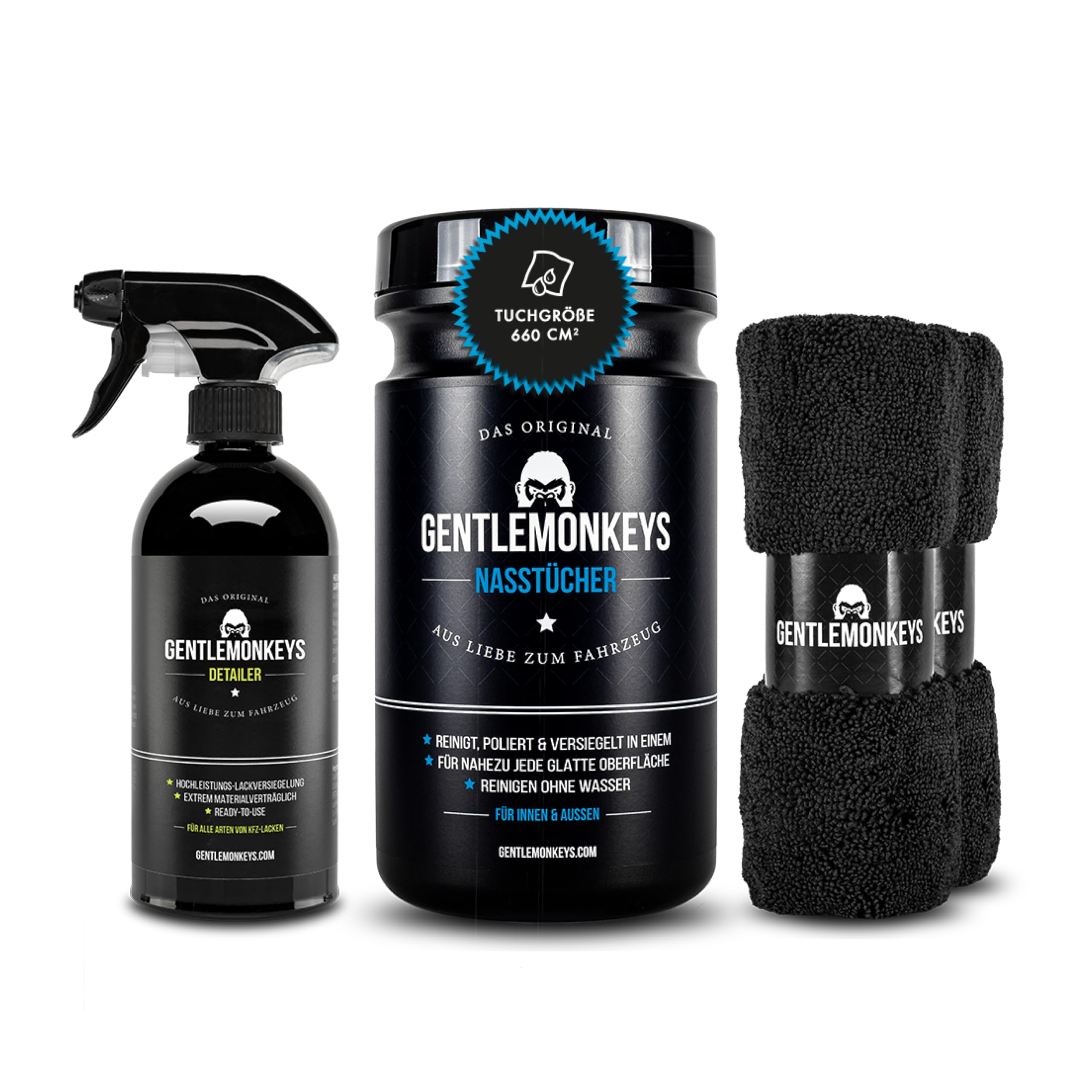 GENTLEMONKEYS Detailer Auto (500ml) + 45er Set Nasstücher • Lackversiegelung Auto, Motorrad & Fahrrad • Inklusive Pflege- & Reinigungstücher für Innen & Außen