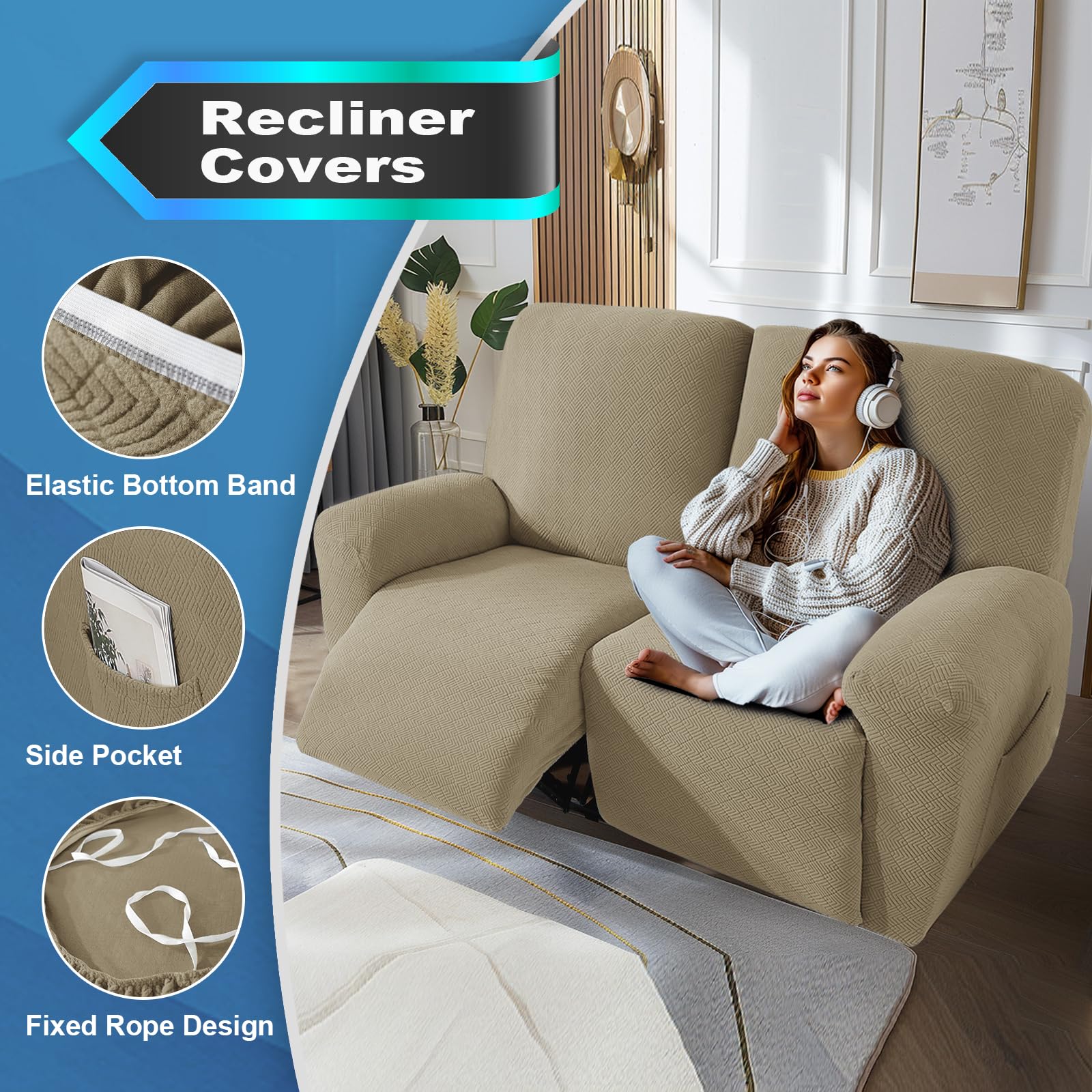 JIVINER Loveseat - Fodera per poltrona reclinabile, 4 pezzi, per divano reclinabile, 2 cuscini, copridivano Jacquard di recente protezione per mobili con tasche laterali (cachi, 2 posti)