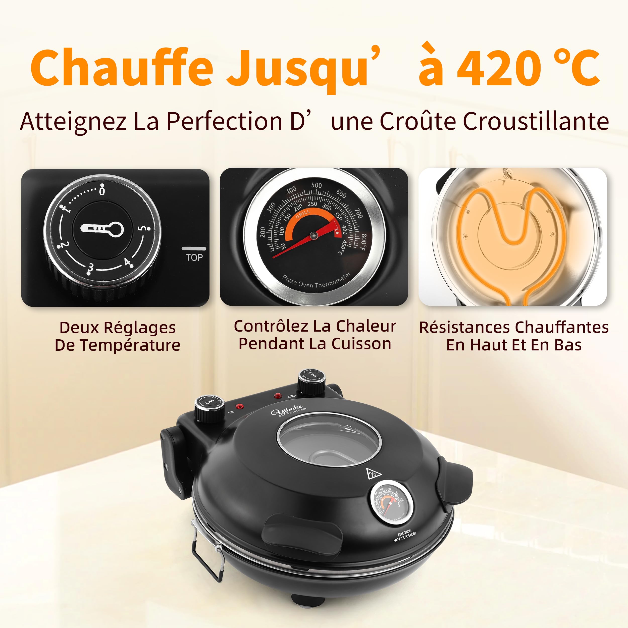 Four à Pizza Électrique, Cuit une Pizza en 4 minutes, Plaque en Pierre Réfractaire de 31cm, Max 420°C Four a Pizza, 1200W, Pelle à Pizza, Grattoir et Recettes inclus, Noir