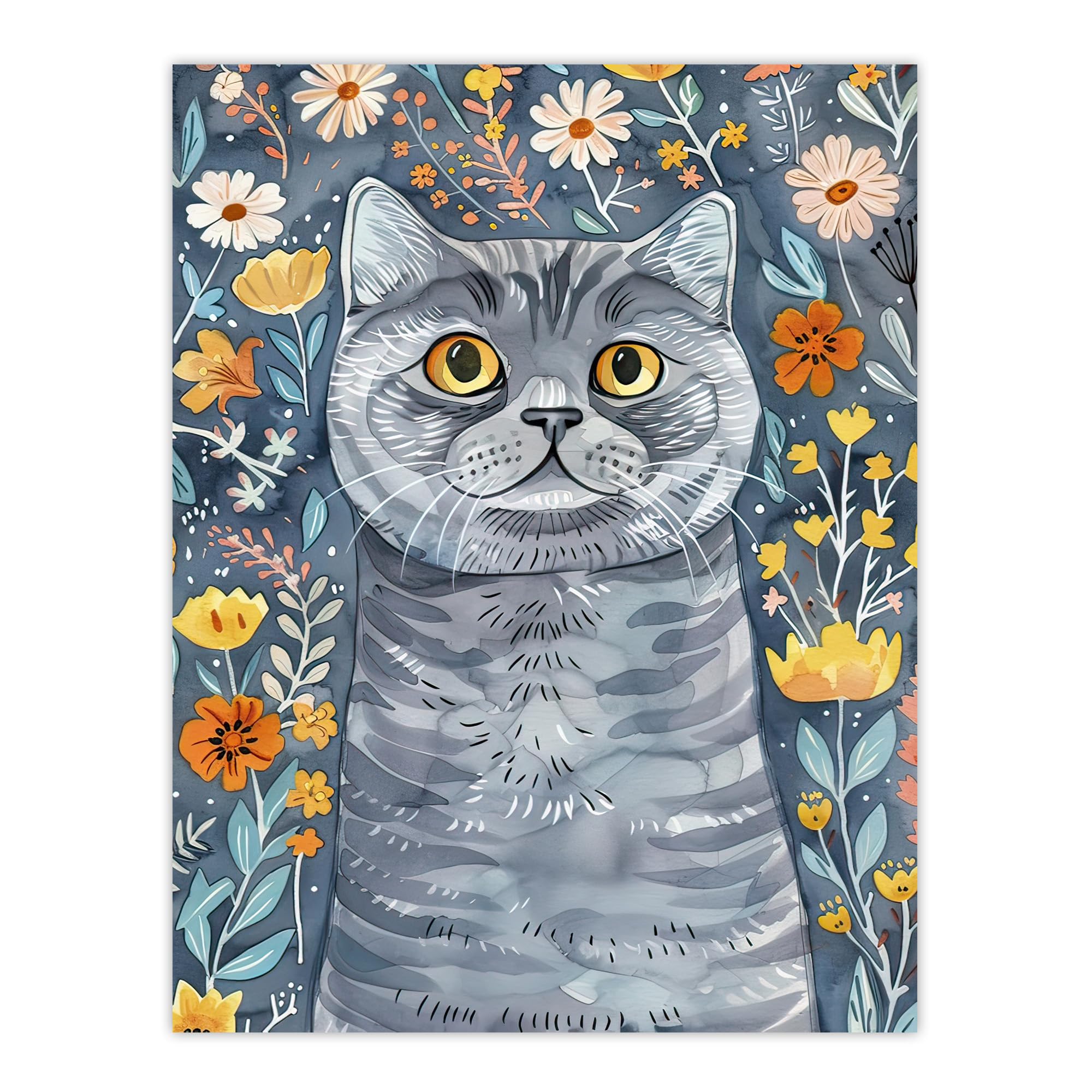 Cute Blue British Shorthair Cat Lover Floral Pet Wall Art Poster Print