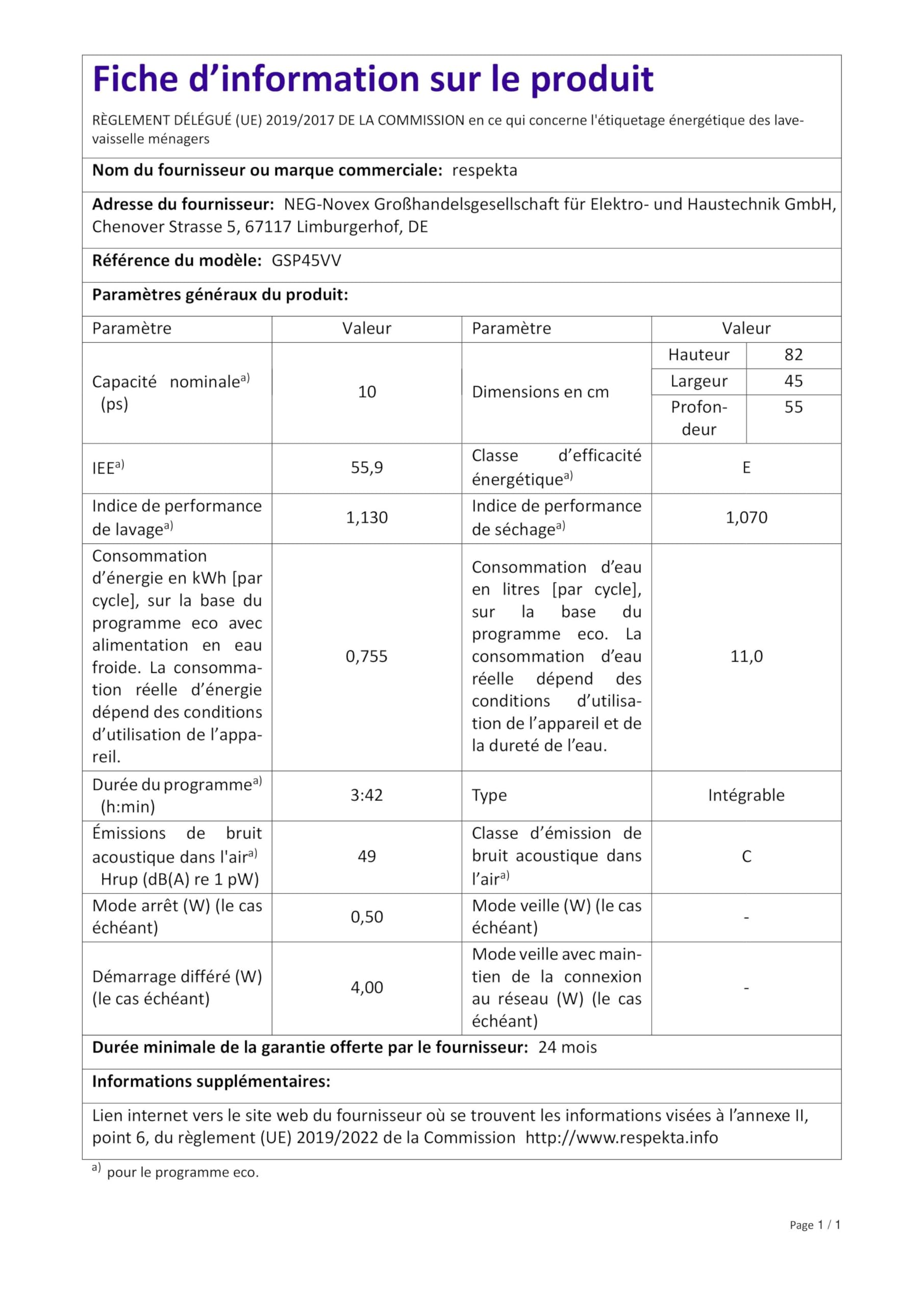 Respekta Lavastoviglie Integrata 45 cm, Lavastoviglie da incasso con Cestello Portaposate, 4 Programmi, Partenza ritardata, 10 Coperti, Silenziosa 49 dB, GSP45VV