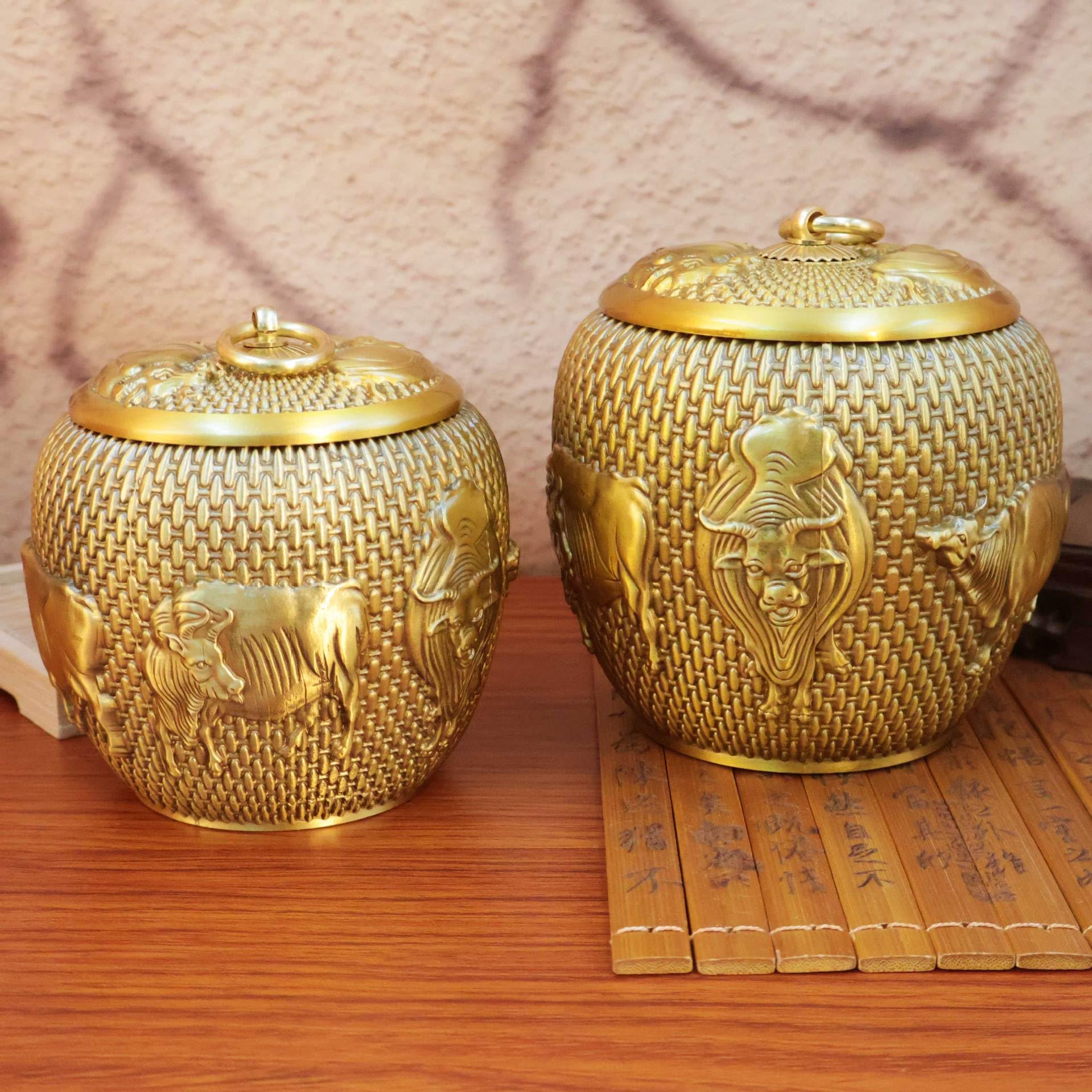 Ceramiczny słoik na żywność chiński mosiądz puszka na herbatę pięć krów przechowywanie zdjęć pudełko na herbatę salon przechowywanie puszka domowe rzemiosło ozdoby spiżarnia pojemniki do