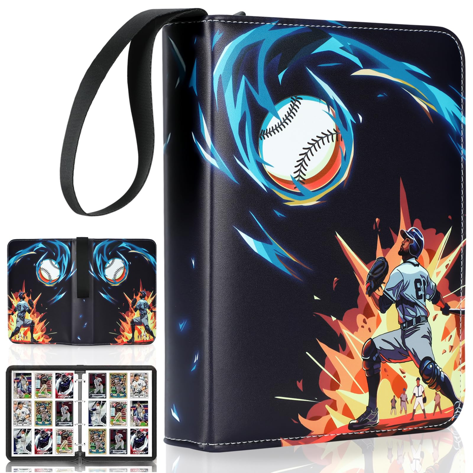 Card Binder 9 Pocket Baseball Card Binder Holder with 50 Removable Sleeves Fits 900 Cards Zipper Card Collection
