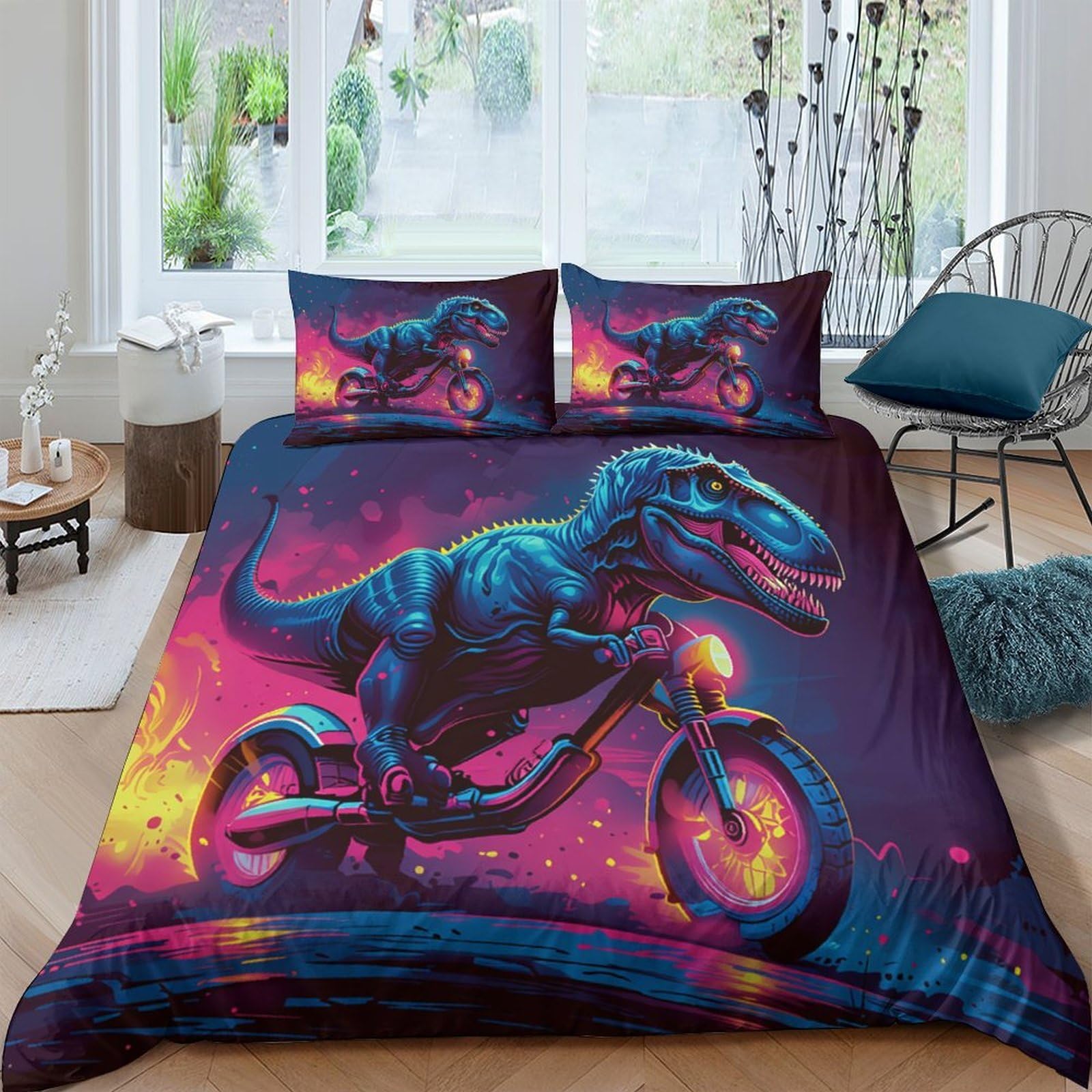 Ctjqhvkz Style-1 3D Printed Neon Dinosaur Motorcycle Fitted Sheet Microfiber Soft Breathable Graffiti Bed Cover For Bedroom Decor Single（135X200cm）