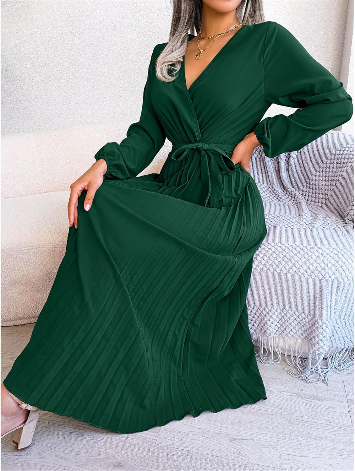 Womens Casual Dress Wrap V Neck Long Sleeve A Line Pleated Swing Dress Tie Waist Solid Flowy Dress for Wedding Guest