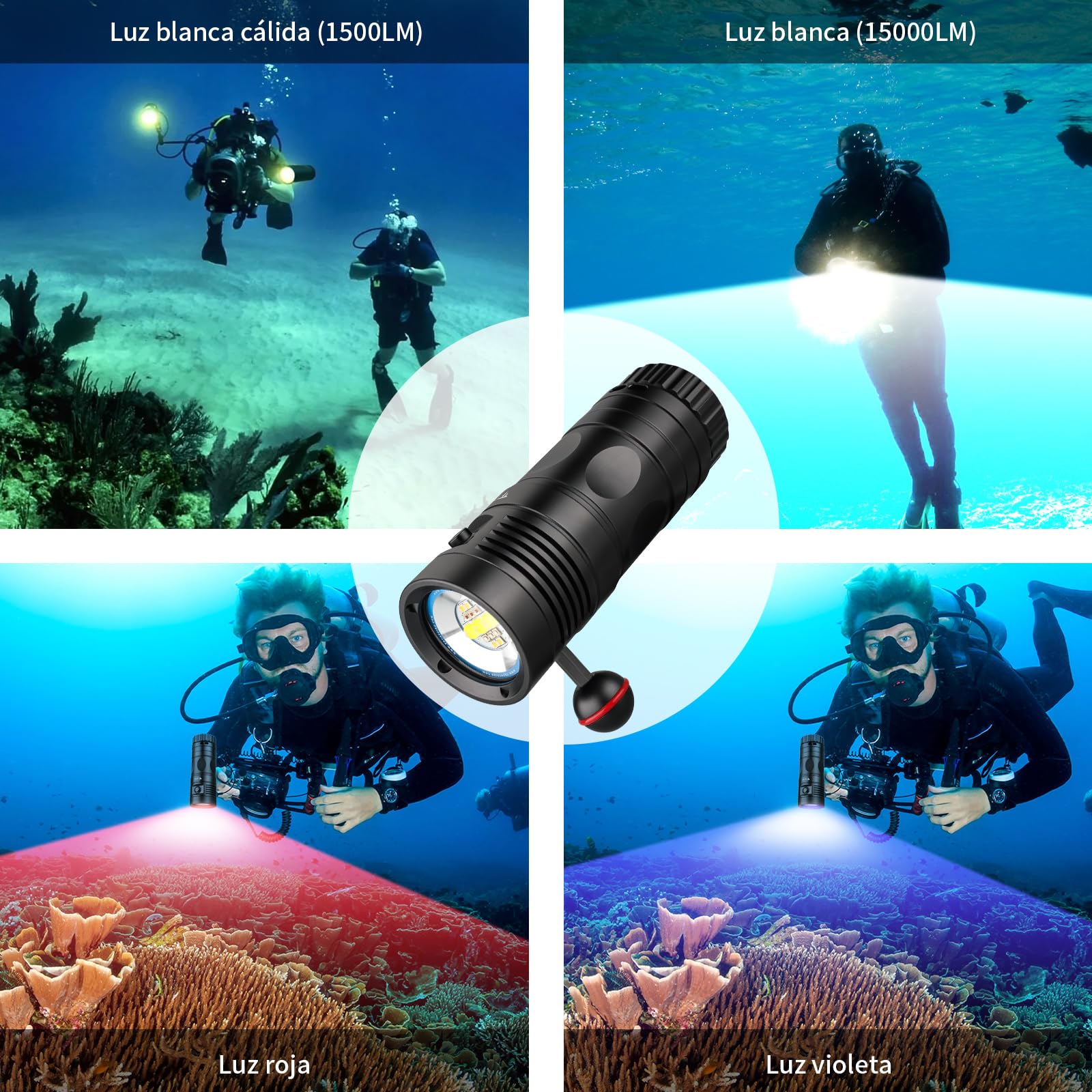 TrustFire DF90 Kit Linterna de Buceo, Foco de Buceo Recargable 15000 Lúmenes, Linterna Sumergible 70M Impermeable, 3 Tipos Diferentes de Iluminación（Luz de Blanca, UV, Roja）