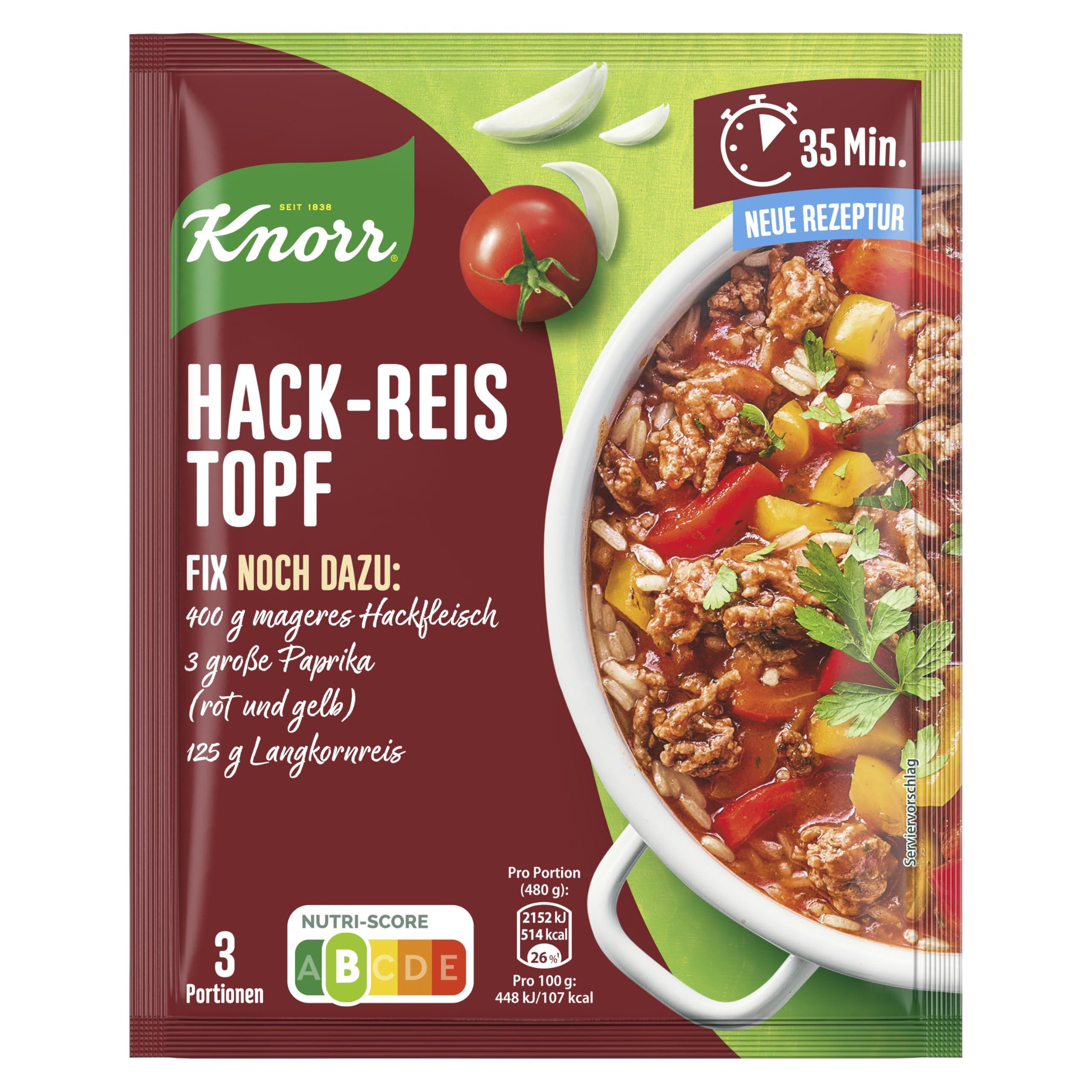Knorr Fix Gewürzmischung Hack-Reis-Topf für ein leckeres Gericht mit Hackfleisch ohne geschmacksverstärkende Zusatzstoffe 3 Portionen