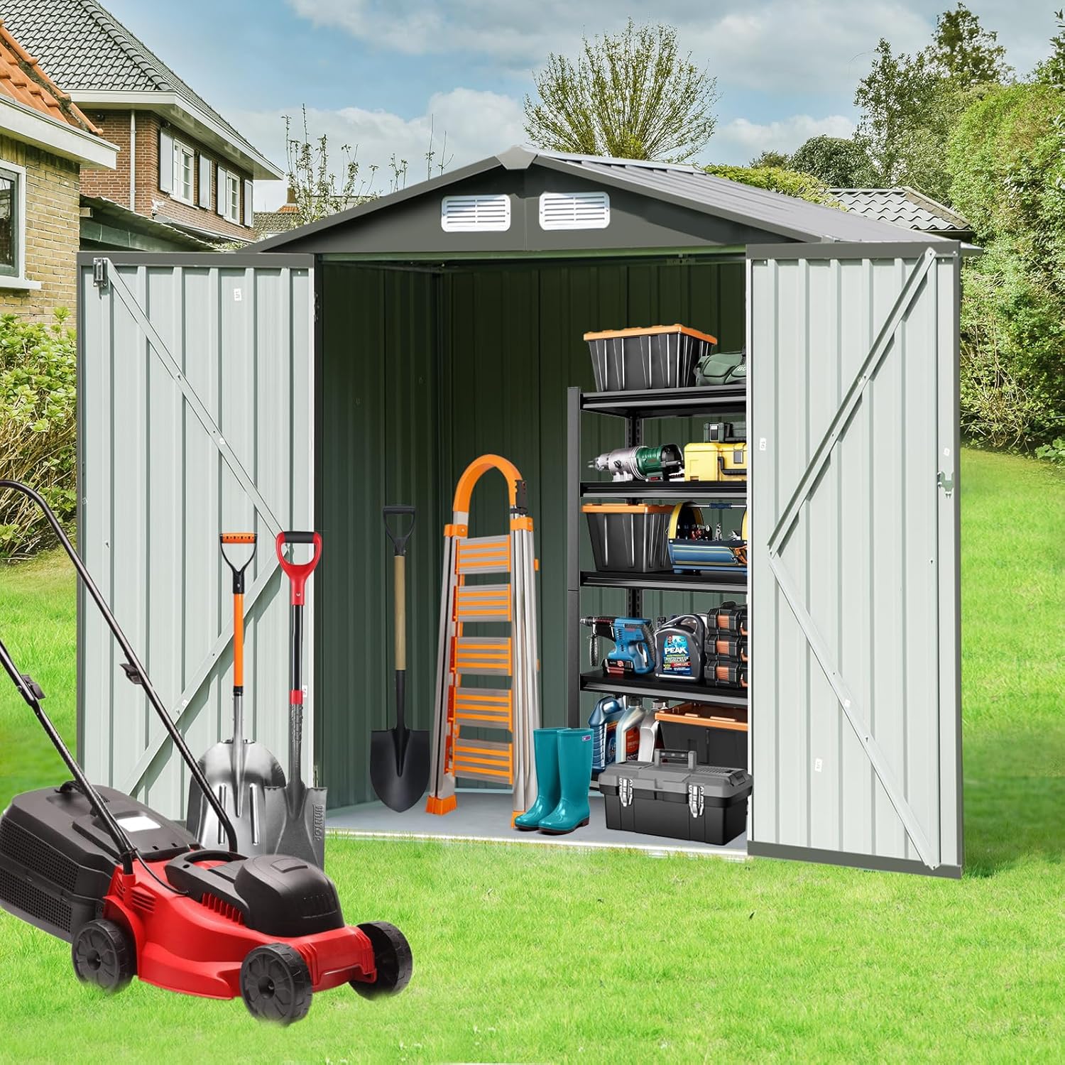6×4 FT Outdoor Storage Shed, Metal Tool Shed Waterproof, Garden Shed for Bike, Steel Tool Storage Room with Lockable Door