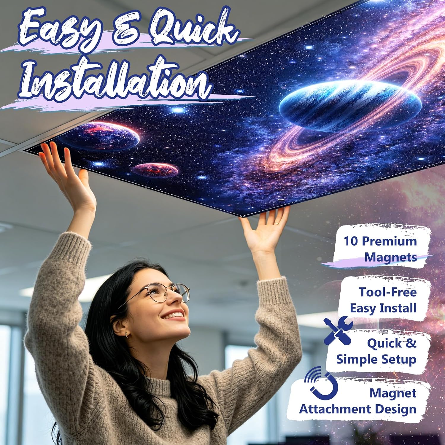 6 Pack Galaxy Space Fluorescent Light Covers, 4x2 Feet Cosmic Planet Magnetic Light Filters, Ceiling Lights Covers for Classroom School Office Home, Gift for Astronomy Lovers & Teacher Supplies image 4