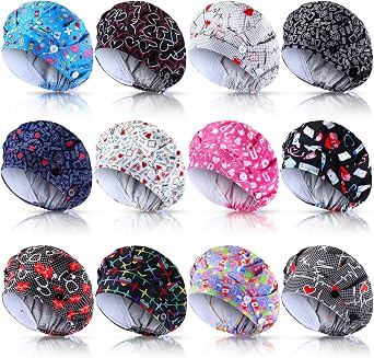 12 Pcs Scrub Caps Women Adjustable Bouffant Caps with Button and Sweatband Working Nursing Medical Multicolor