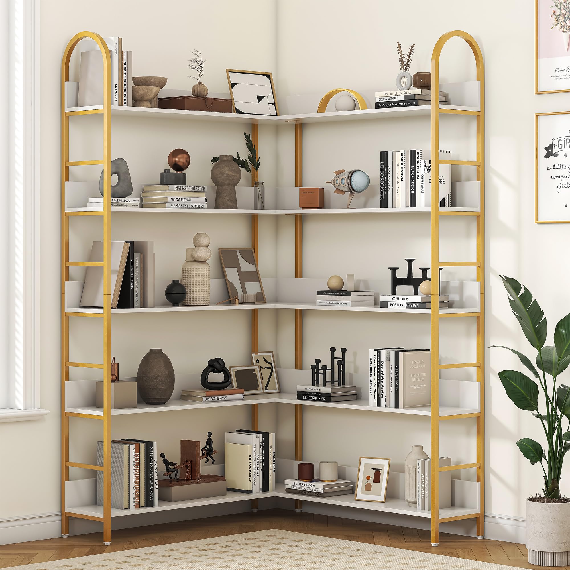 Nosepen Corner Bookshelf, 5 Tiers Tall Open Corner Etagere Bookcase Storage Organize, L-Shaped Large Corner Bookshelves, Corner Shelf Storage Display