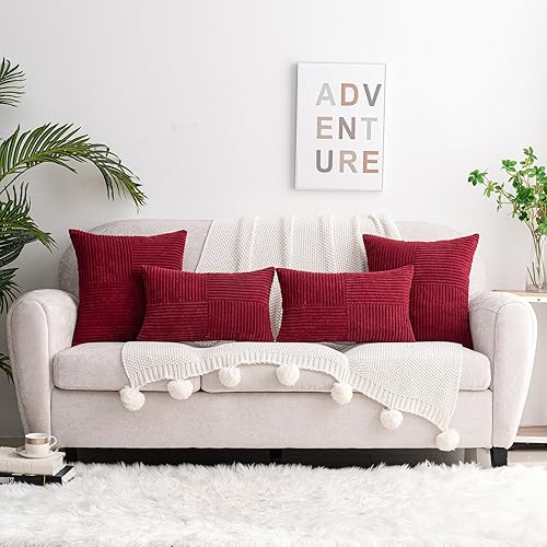 Miniatura 5 de HWY 50 Juego de 2 fundas de cojín decorativas de pana suave con empalme de 18 x 18 pulgadas, fundas decorativas de estilo bohemio a rayas para sofá,