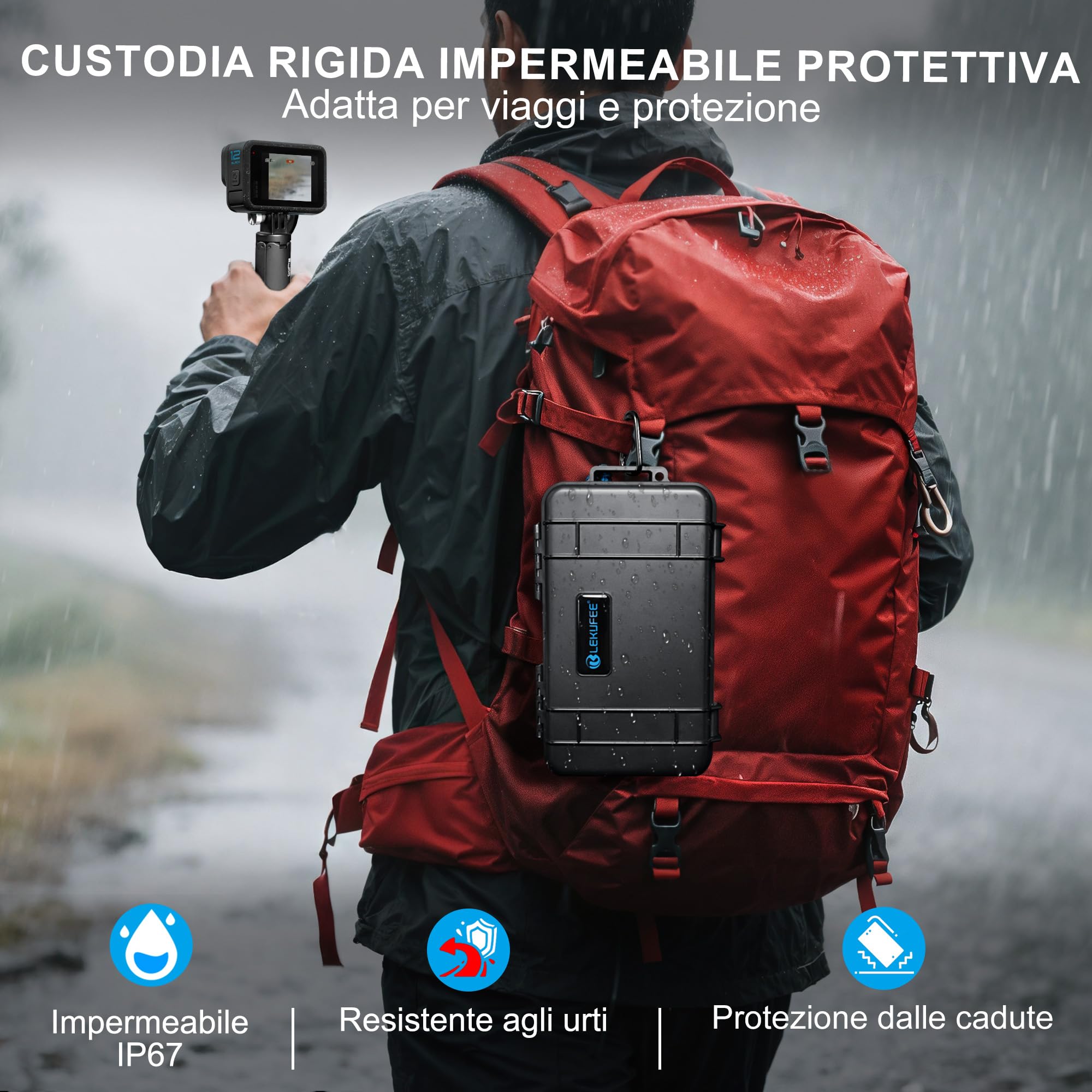 Lekufee Custodia Rigida Impermeabile da Viaggio per Gopro Hero 13/12 / 11/10 / 9, Gopro LIT Hero, Hero 4K, Media Mod e altri accessori (solo custodia e borsa)
