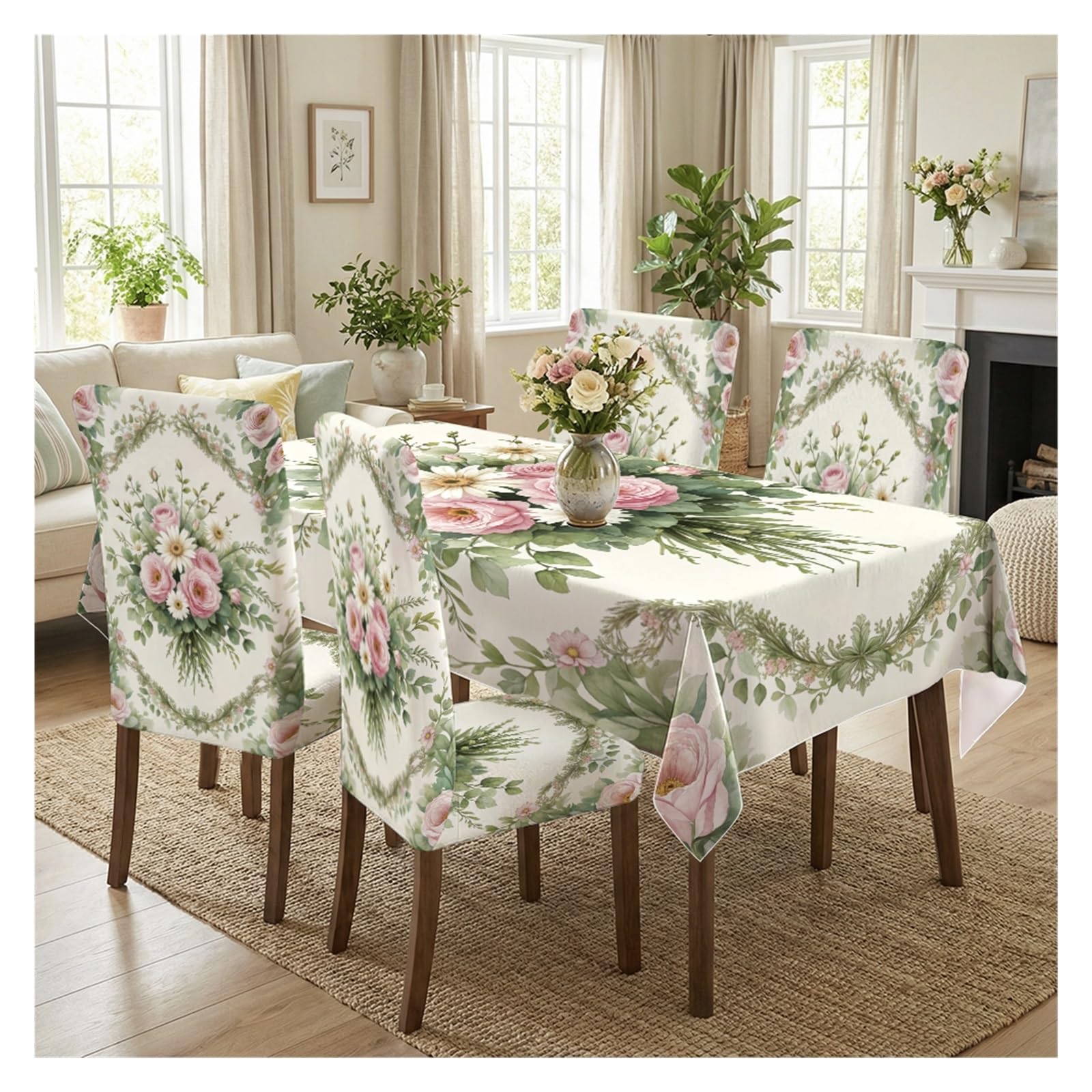 BOSUYBN Soft Pink Daisy Rose Bouquet Floral Printed Dining Tablecloth & Chair Covers Set, 5/7 Piece Cottagecore Fresh Farmhouse Home Decor Table Setting(5pcs Set: Tablecloth+Chair Covers)