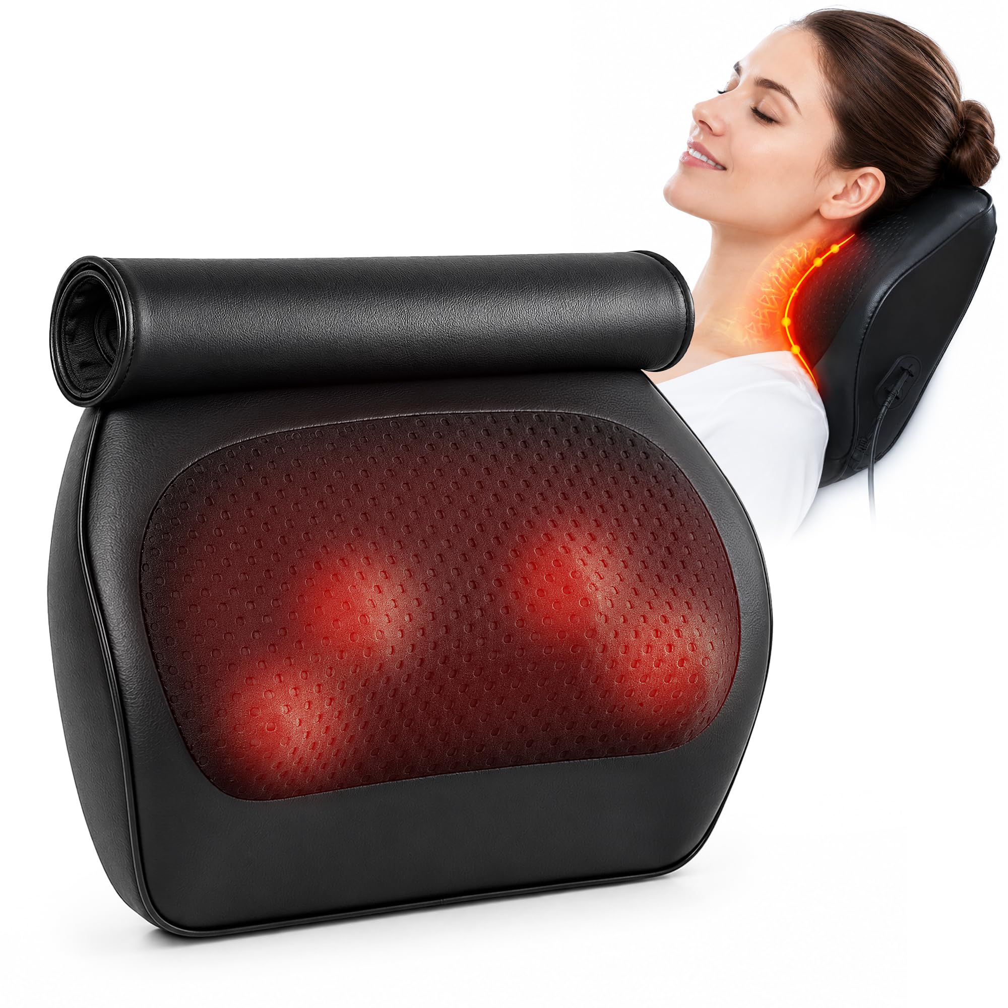 Real Relax Shiatsu Rückenmassagegerät mit Wärme,Nackenmassagekissen für Schultern,oberen & unteren Rücken,Beine,Waden,4 Rotationsknoten,Tragbar für Zuhause Büro Auto - Schwarz